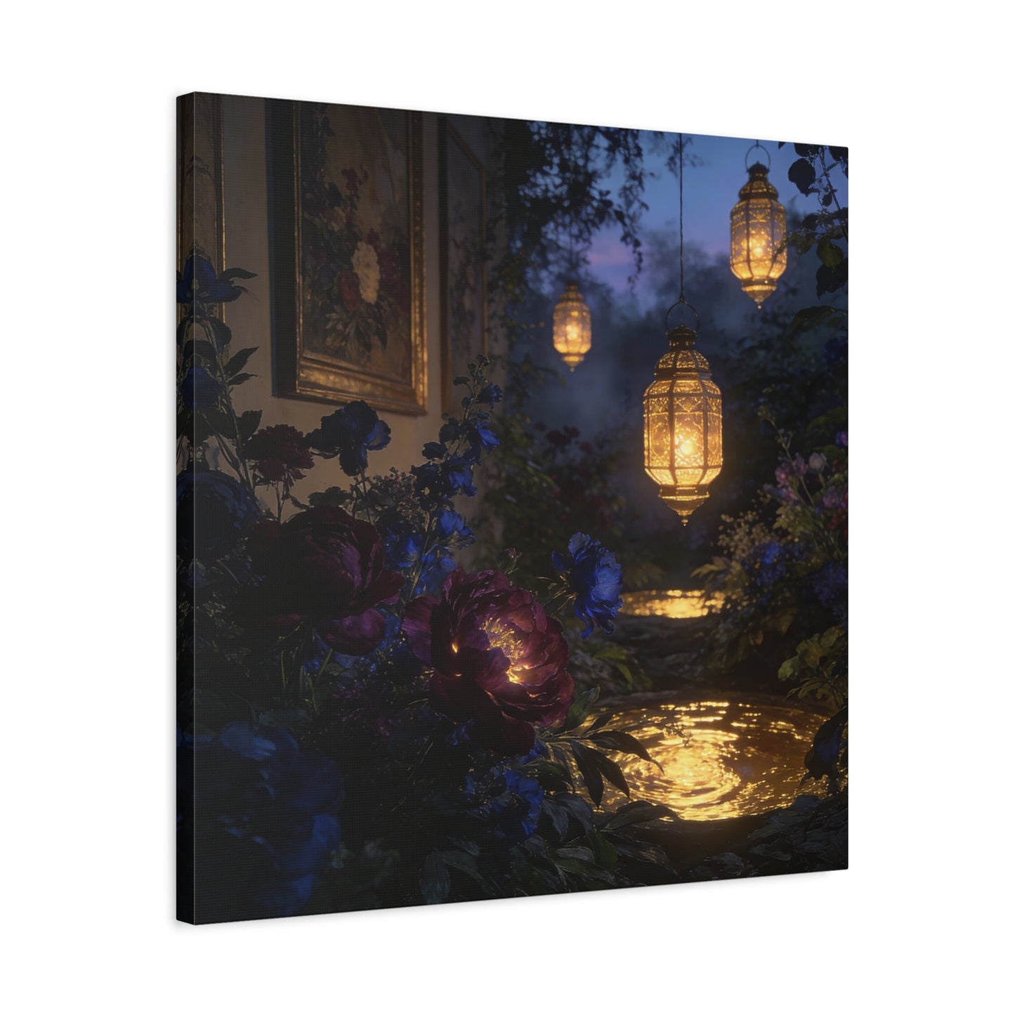 Lantern Garden Canvas Wall Art - Twilight Floral Courtyard, Glowing Water Reflections - Moody Botanical Night Scene, Matte Canvas Print - Bedroom Wall Decor, Living Room Accent - Cozy Reading Nook Art