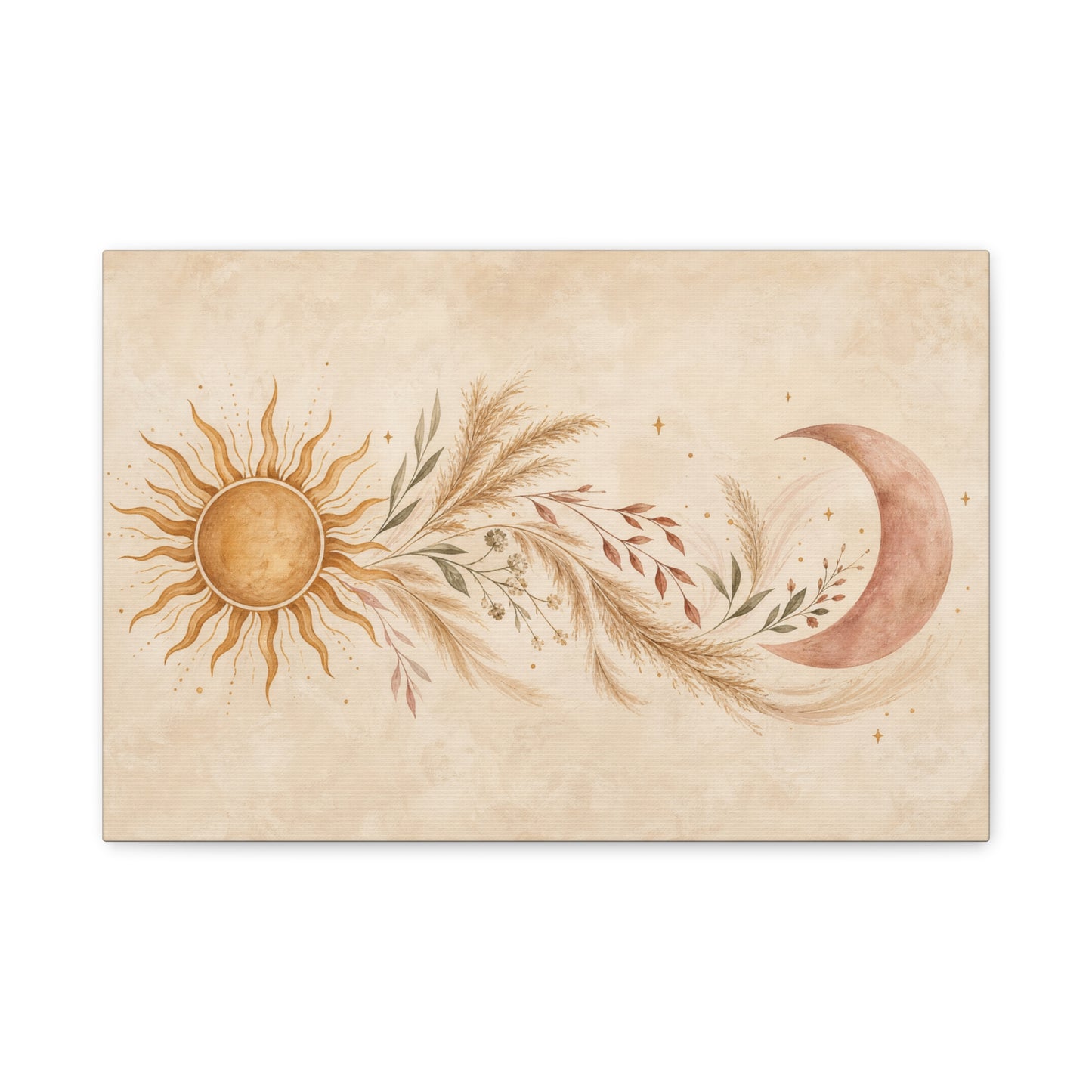 Boho Sun And Moon Canvas Wall Art - Celestial Botanical Pampas Grass Print - Neutral Beige Terracotta Modern Bohemian Decor - Bedroom Living Room Wall Decor - Meditation Space Accent - Ready to Hang