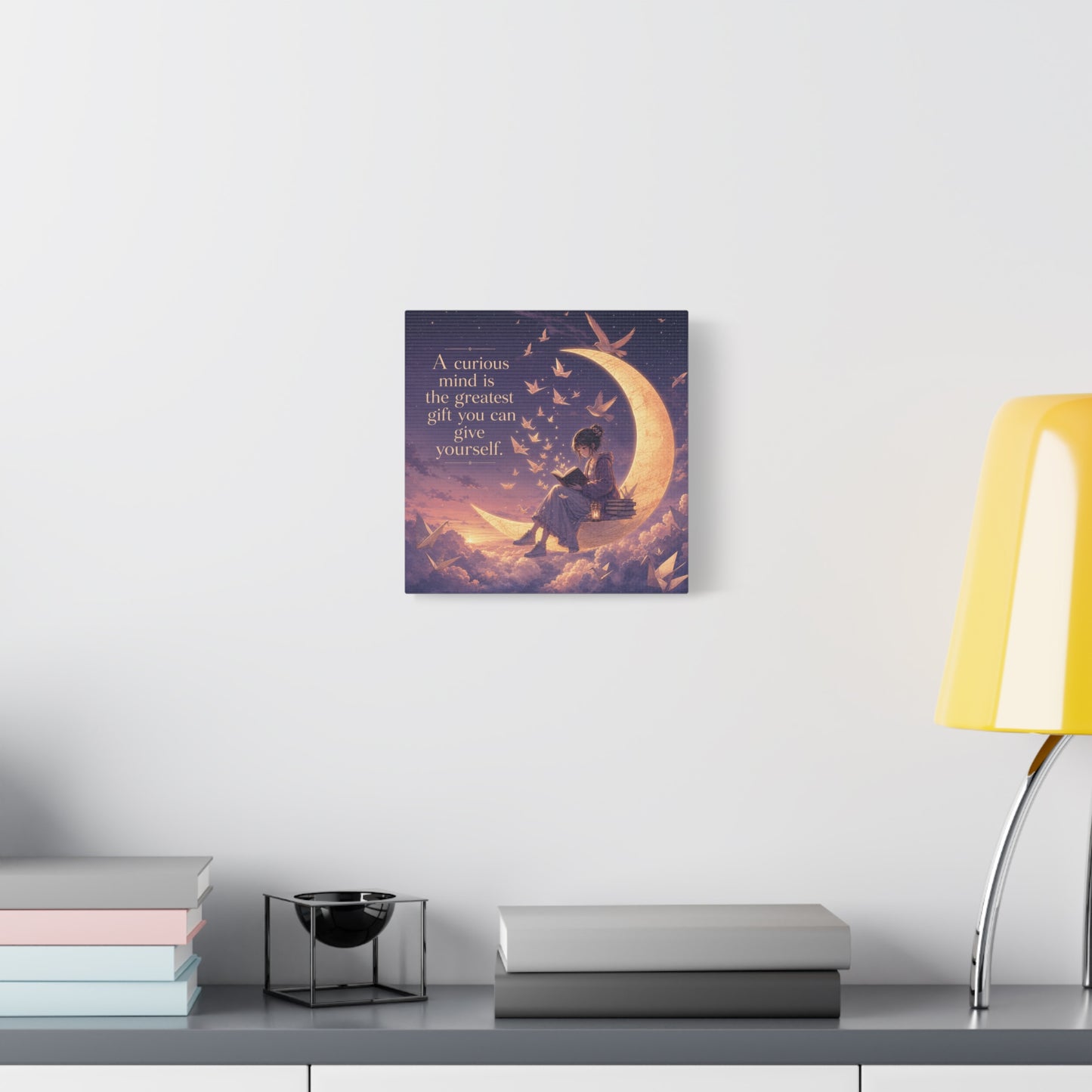 "A Curious Mind Is The Greatest You Can Give Yourself" Canvas Wall Art - Moon Reading Girl Quote Print, Dreamy Celestial Illustration - Bedroom Wall Decor, Home Office Accent - Ready to Hang
