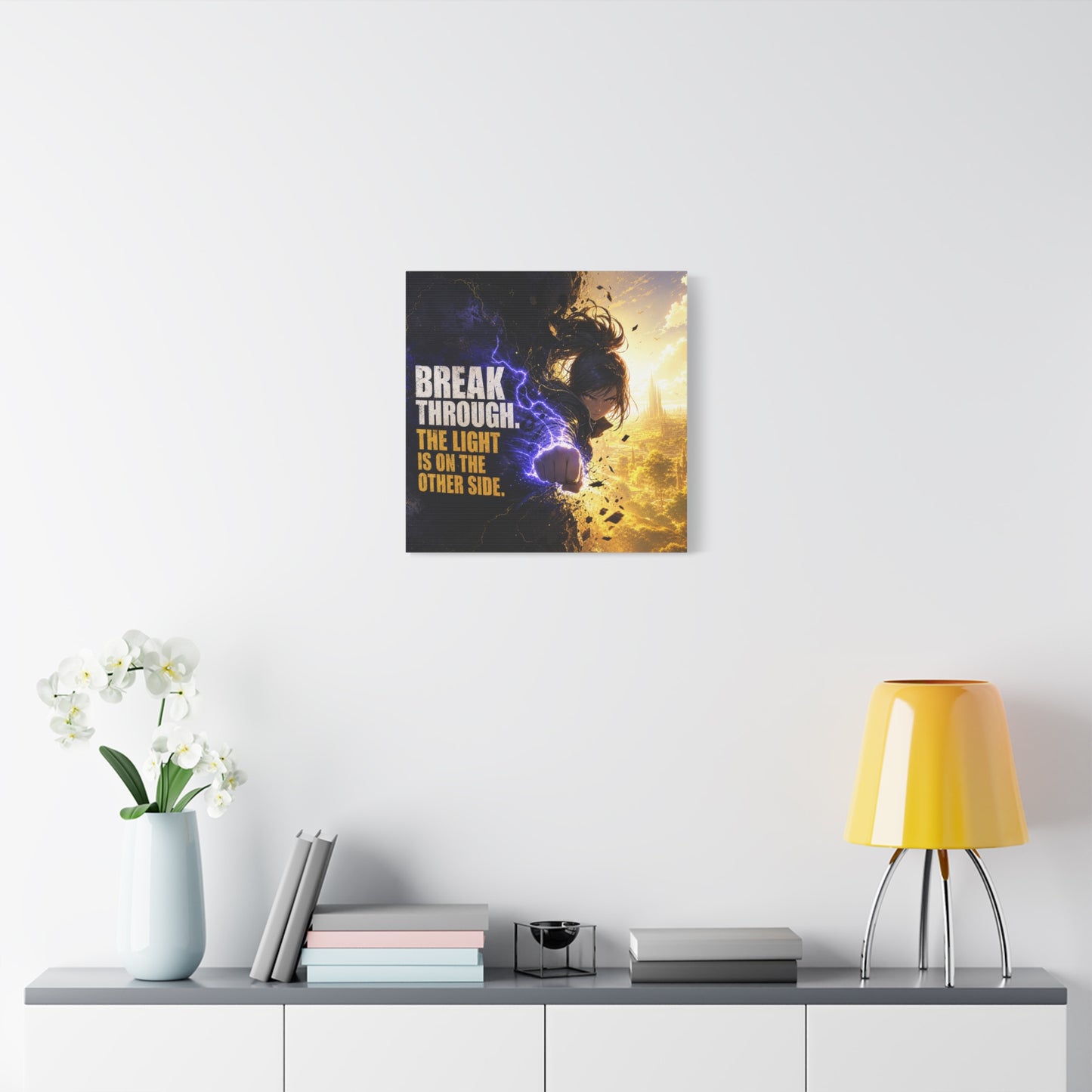 "Break Through. The Light Is On The Other Side." Anime Canvas Wall Art - Motivational Fantasy Girl Poster Print, Dramatic Gold Lightning, Contemporary Bedroom Decor, Teen Room Accent - Office Wall Art