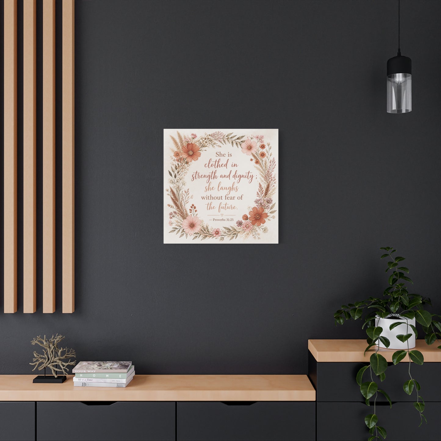 "She Is Clothed In Strength And Dignity" Floral Canvas Wall Art - Proverbs 31:25 Scripture Quote, Blush Wildflower Wreath, Farmhouse Style, Bedroom Wall Decor - Bedroom Home Decoration - Ready to Hang