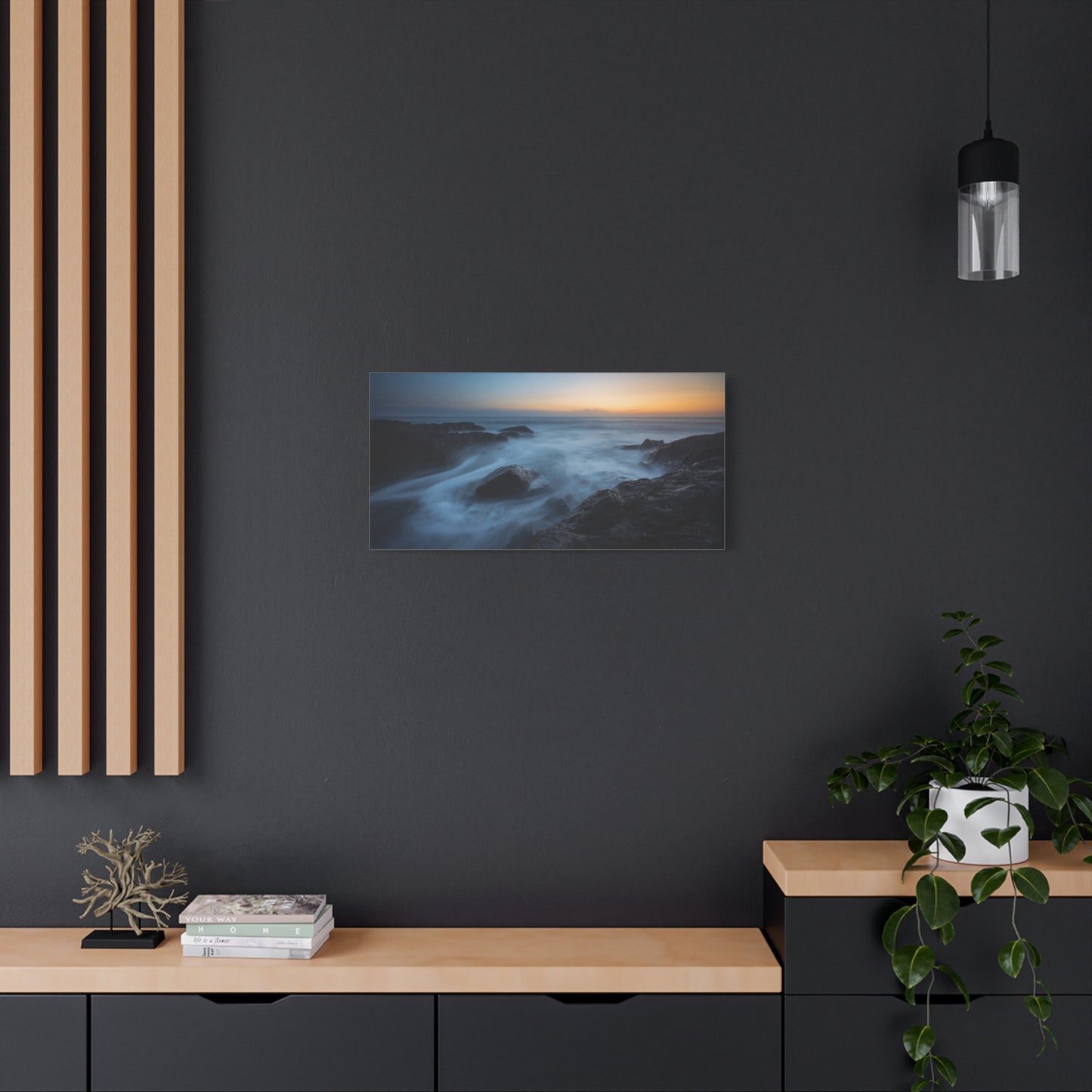 Rocky Ocean Seascape Canvas Wall Art - Long Exposure Coastal Sunset Art Print, Blue Water And Dark Stone Shoreline - Contemporary Matte Canvas Print - Living Room Bedroom Office Decor