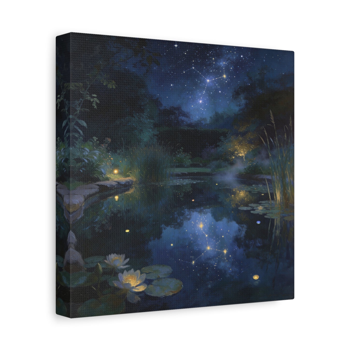 Starry Night Pond Canvas Wall Art - Moonlit Water Lilies, Celestial Reflection Landscape - Dreamy Matte Canvas Print - Traditional Nightscape Style - Living Room Wall Decor Bedroom Home Accent