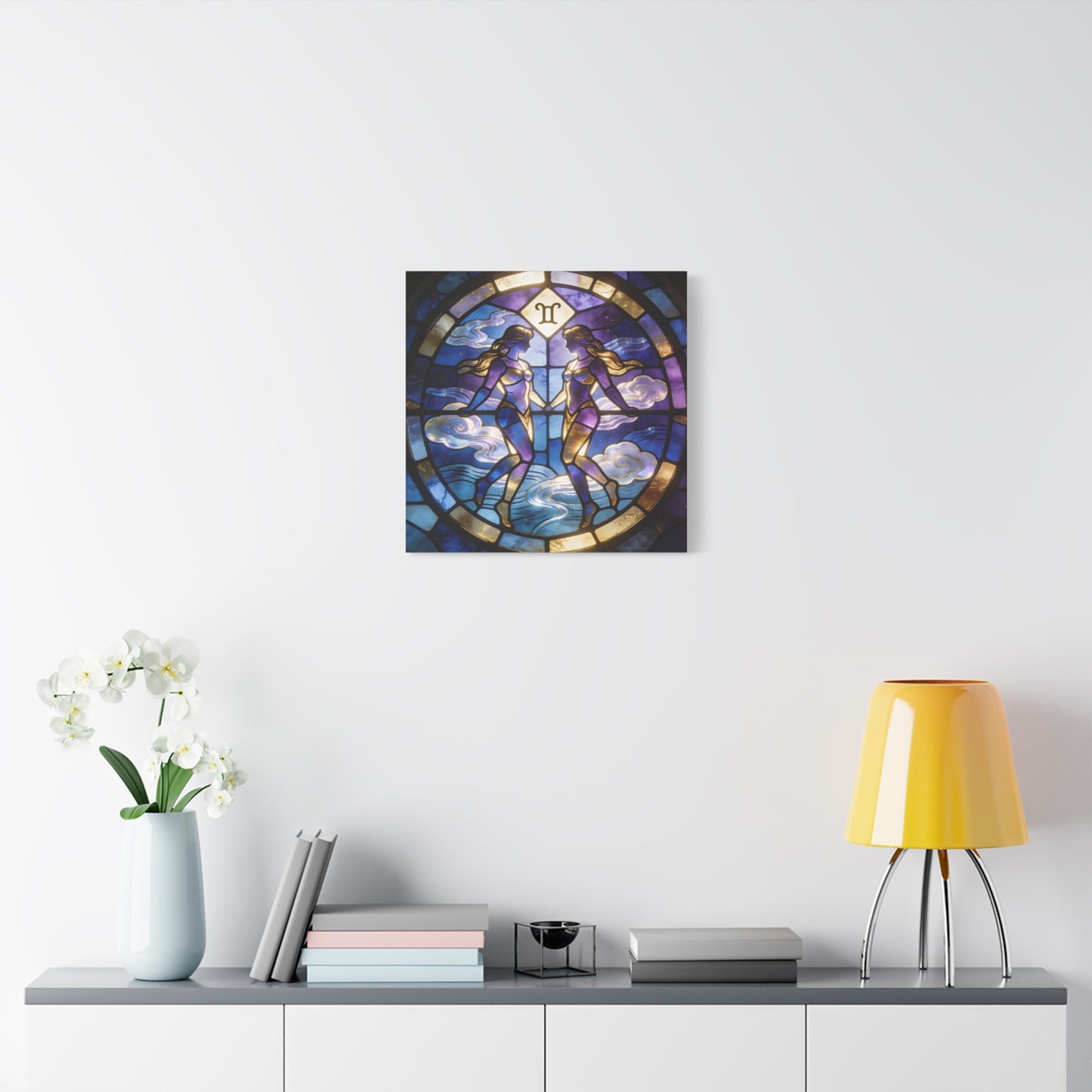 Gemini Zodiac Canvas Wall Art - Stained Glass Twin Women Celestial Print, Blue Purple Gold Astrology Decor - Modern Mystical Artwork - Bedroom Home Decoration Office Wall Art - Bedroom Home Decoration
