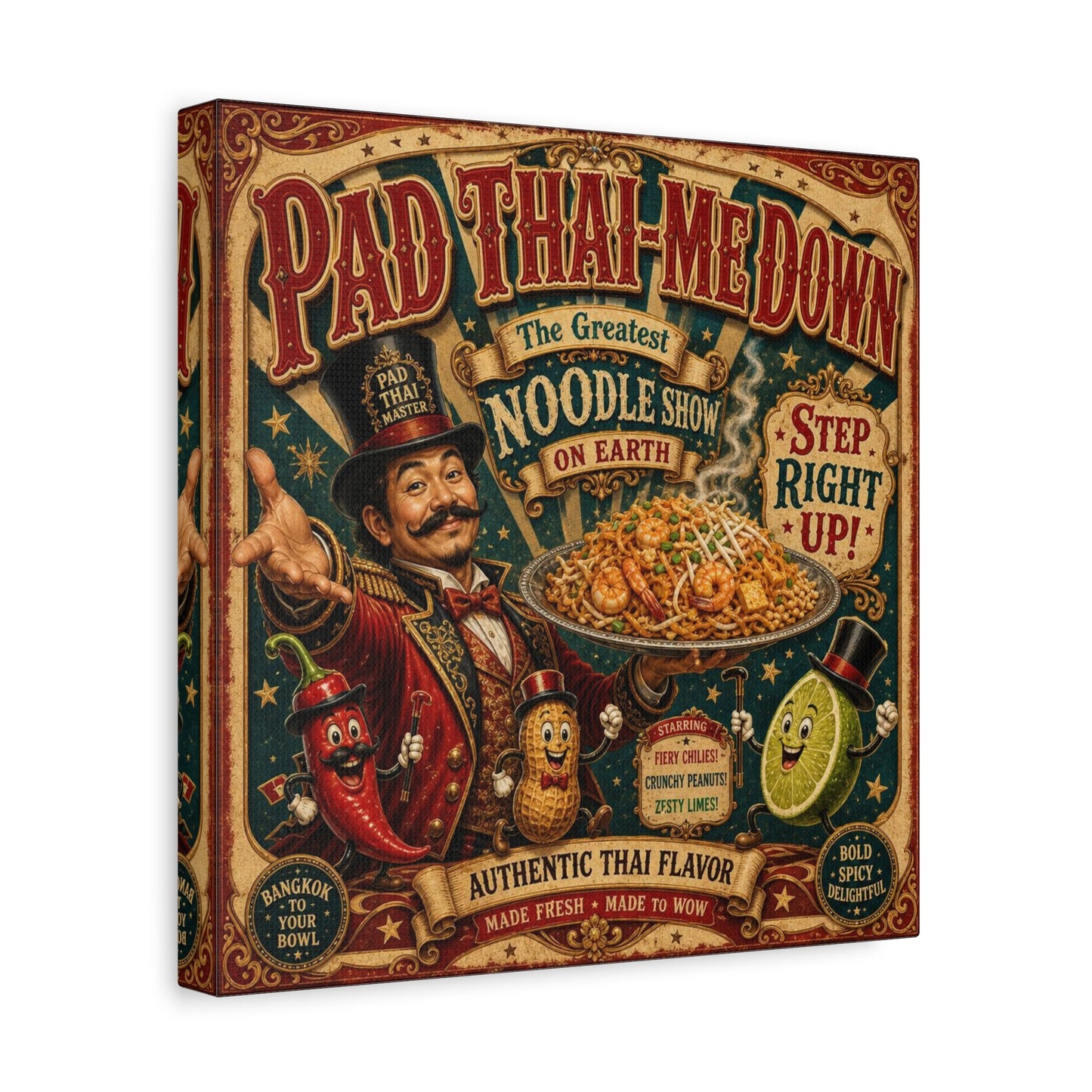 "Pad Thai-Me Down" Canvas Wall Art - Vintage Circus Noodle Poster, Typography Illustration, Whimsical Restaurant Decor, Cafe Wall Decor, Retro Kitchen Accent, Matte Canvas Print - Ready to Hang