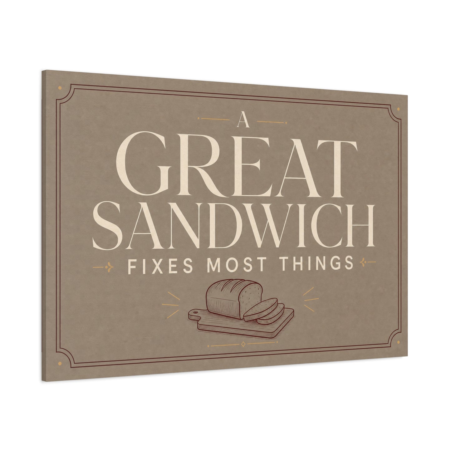 "A Great Sandwich Fixes Most Things" Canvas Wall Art - Vintage Typography Bread Illustration - Neutral Farmhouse Style - Funny Food Quote - Deli Wall Decor - Sandwich Shop Sign - Diner Decor