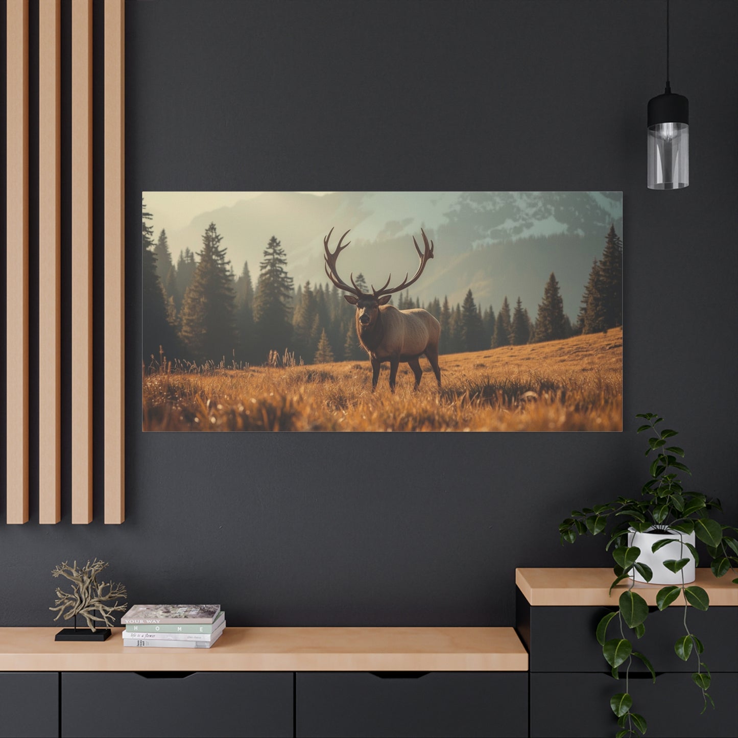 Bull Elk Canvas Wall Art - Mountain Meadow Wildlife Landscape, Golden Light Cotton Print - Rustic Nature Style, Living Room Wall Decor, Lodge Bedroom Home Decoration - Bedroom Home Decoration