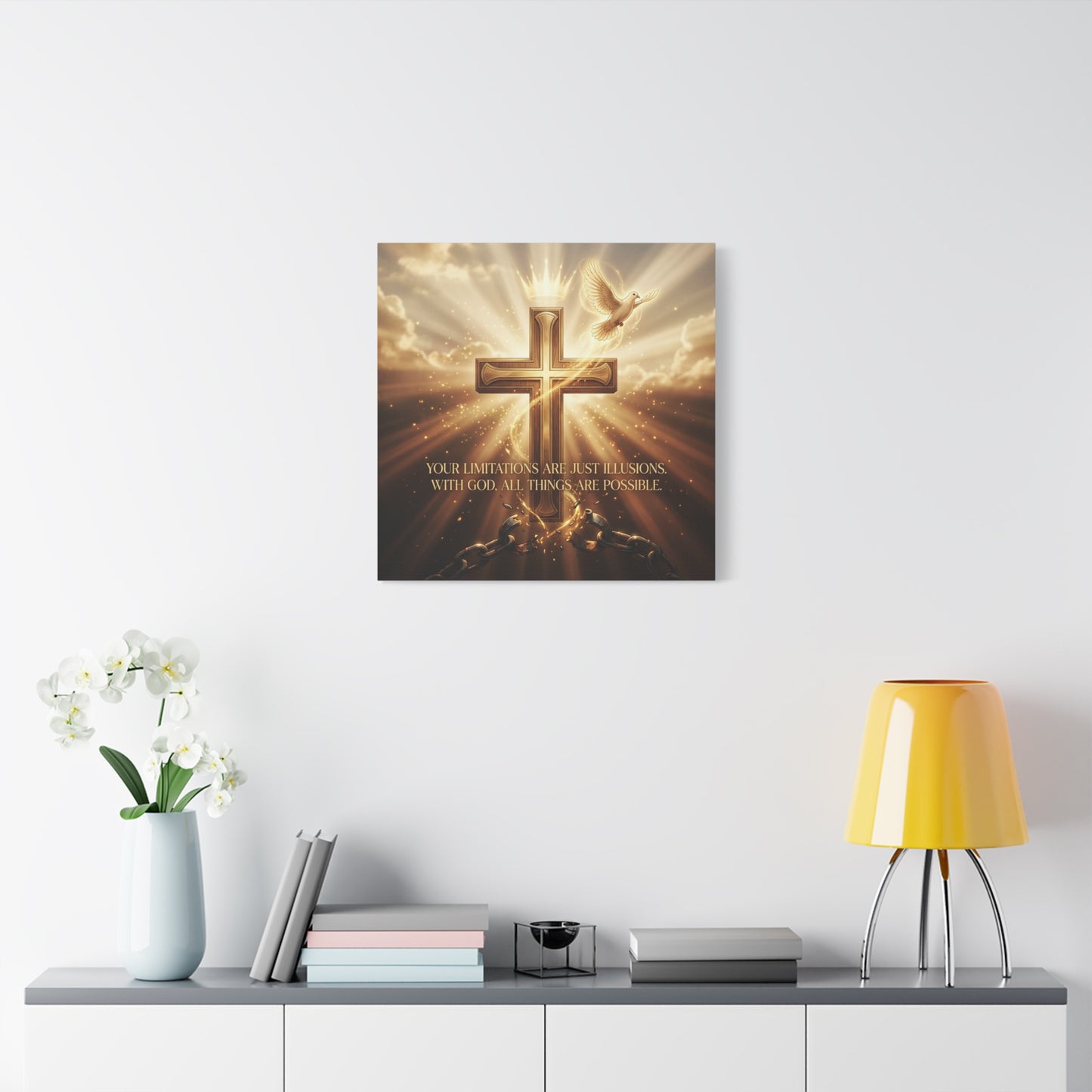 "Your Limitations Are Just Illusions. With God, All Things Are Possible." Christian Canvas Wall Art - Glowing Cross, White Dove, Crown, Broken Chains - Gold Religious Wall Decor For Living Room