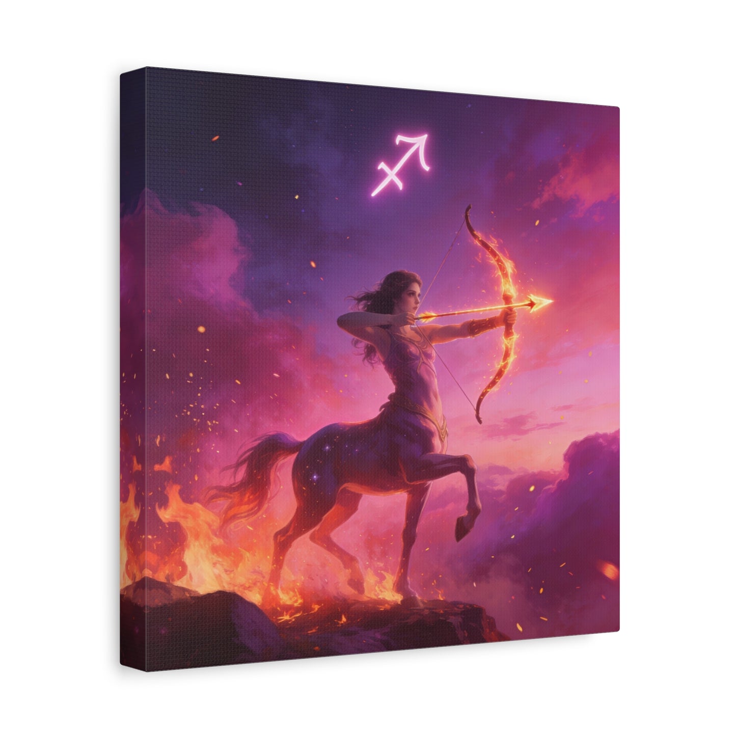 Sagittarius Centaur Archer Canvas Wall Art - Zodiac Fantasy Fire Bow Illustration - Purple Pink Matte Canvas Print - Bedroom Home Decoration, Living Room Wall Decor, Celestial Decor - Ready to Hang