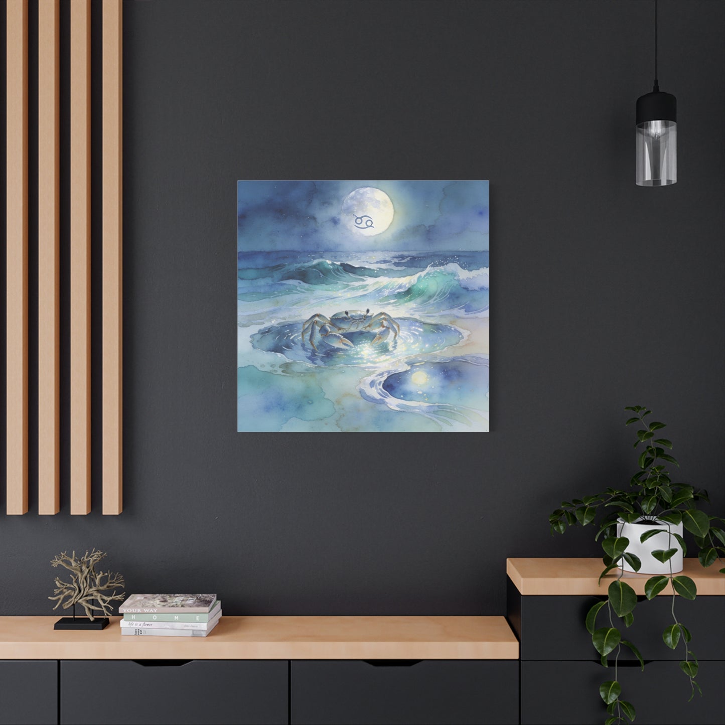 Cancer Zodiac Canvas Wall Art - Moonlit Ocean Crab Watercolor Print, Coastal Astrology Decor - Serene Blue Seascape - Bedroom Wall Decor, Meditation Space Accent, Bohemian Style - Ready to Hang