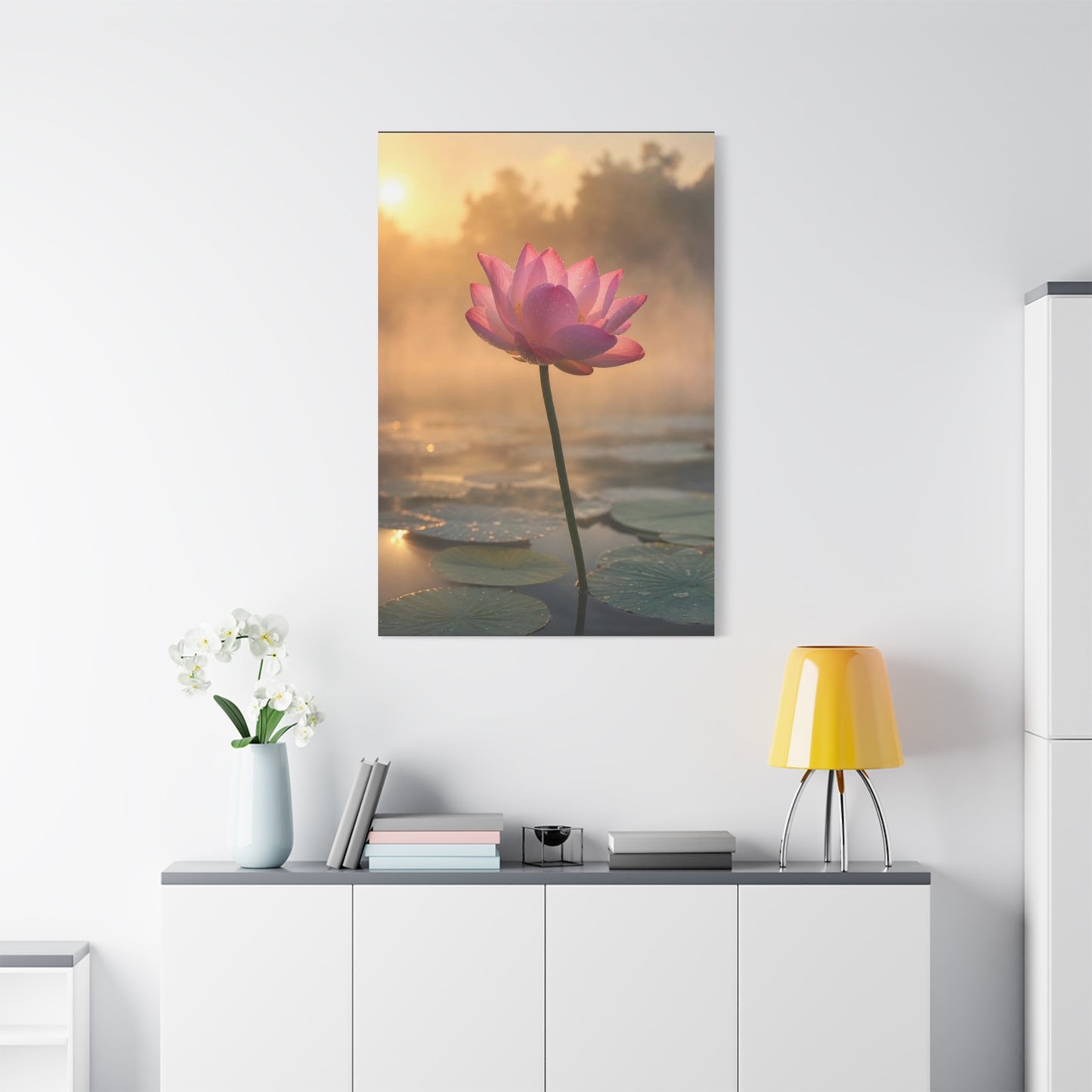 Pink Lotus Canvas Wall Art - Serene Water Lily Sunrise Floral Print - Soft Golden Light, Matte Canvas Print - Bedroom Wall Decor, Bathroom Home Decoration, Zen Meditation Space - Cozy Reading Nook Art