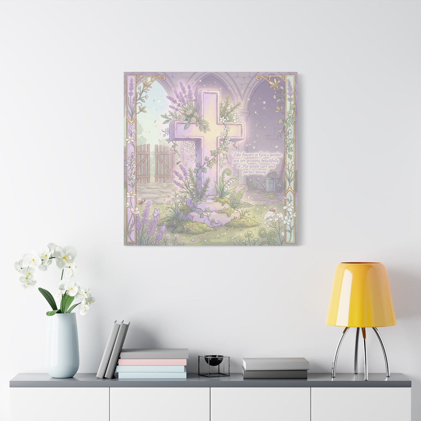 "Like Flowers In God's Garden, You Are Growing Beautifully" Christian Canvas Wall Art - Floral Cross Scripture Decor - Lavender Garden Illustration - Bedroom Home Decoration, Living Room Accent