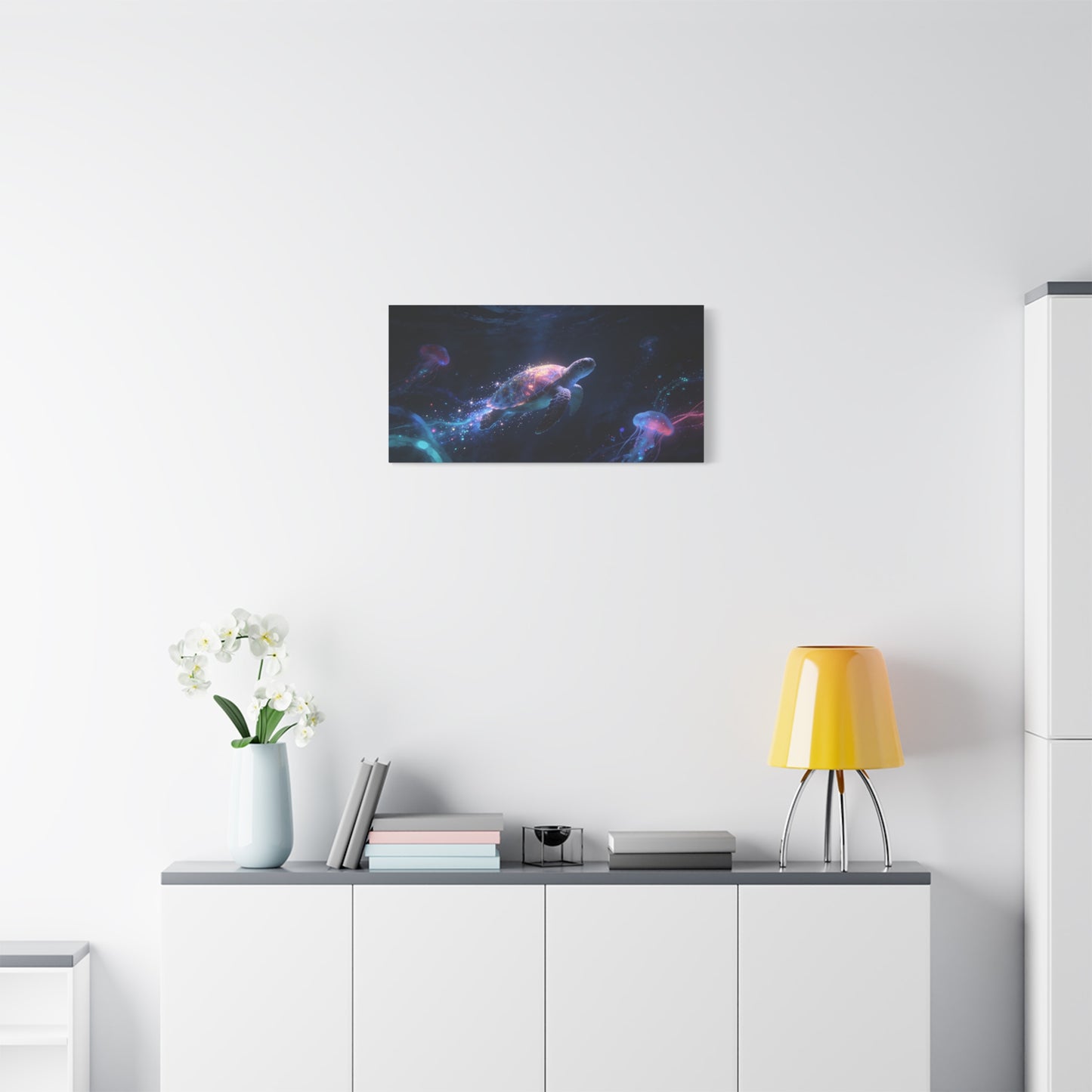 Sea Turtle Canvas Wall Art - Glowing Underwater Jellyfish Ocean Scene, Fantasy Marine Canvas Print - Contemporary Blue Seascape - Living Room Wall Decor, Bedroom Home Accent - Bedroom Home Decoration