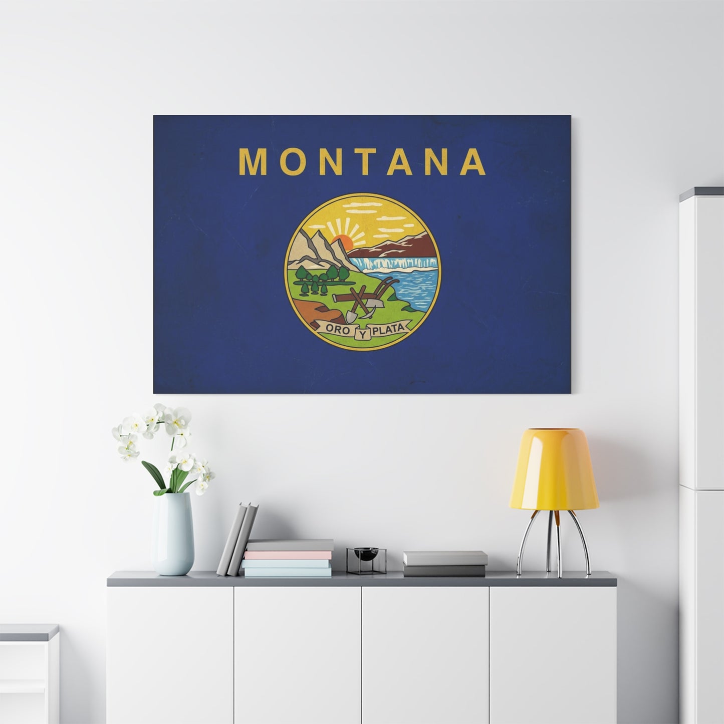 "Montana" State Flag Canvas Wall Art - Oro Y Plata Vintage Flag Print, Blue Western Decor - Rustic Americana Style - Living Room Wall Decor, Office Art - Bedroom Home Decoration - Ready to Hang
