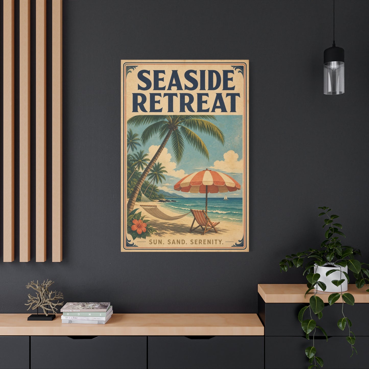 "Seaside Retreat" Tropical Beach Canvas Wall Art - Vintage Coastal Palm Tree Hammock Poster Print, Sun Sand Serenity Typography, Retro Ocean Decor For Bedroom Living Room - Living Room Wall Decor