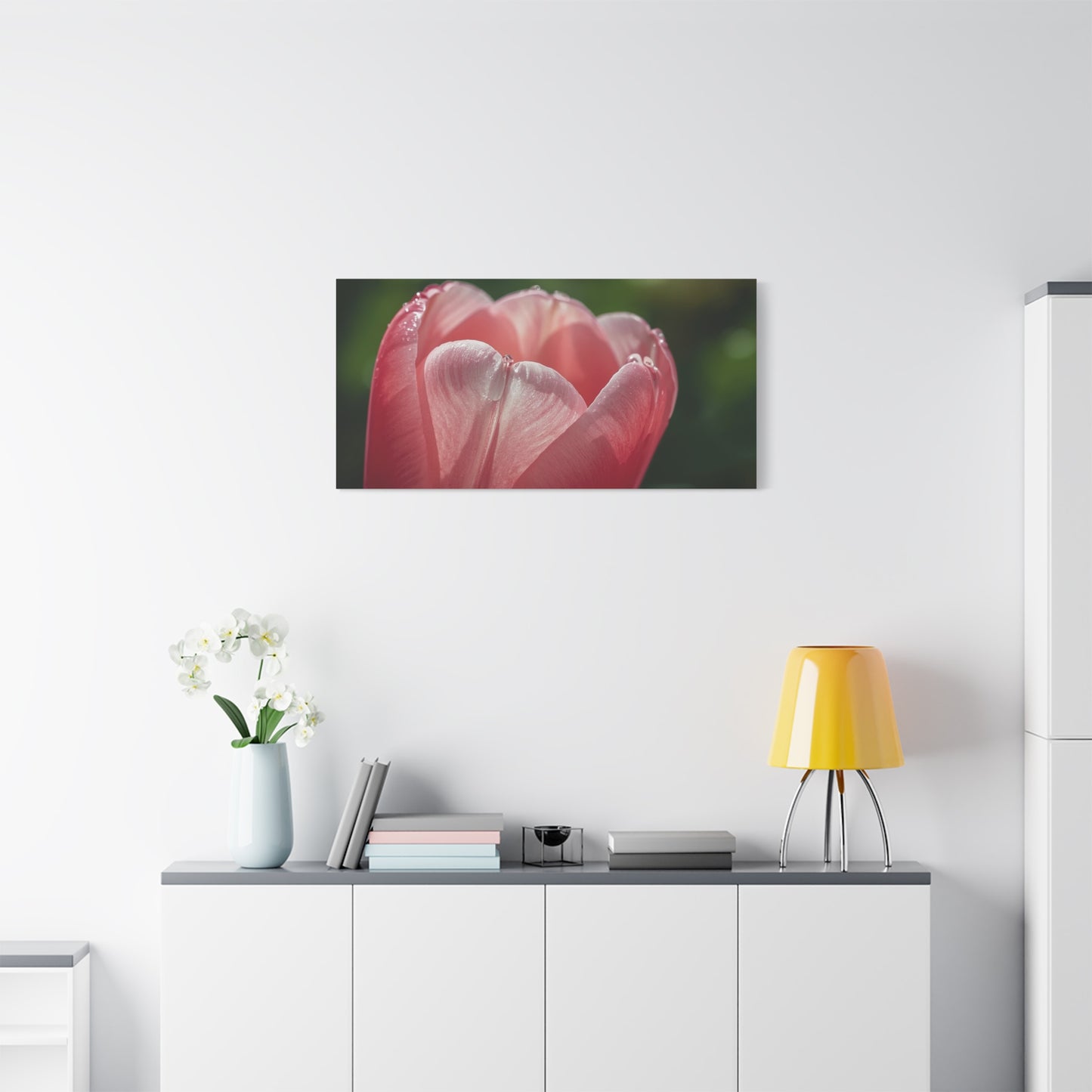 Pink Tulip Canvas Wall Art - Macro Floral Art Print, Dew Drop Petals - Matte Botanical Print - Contemporary Nature Style - Bedroom Wall Decor, Bathroom Home Accent - Bedroom Home Decoration