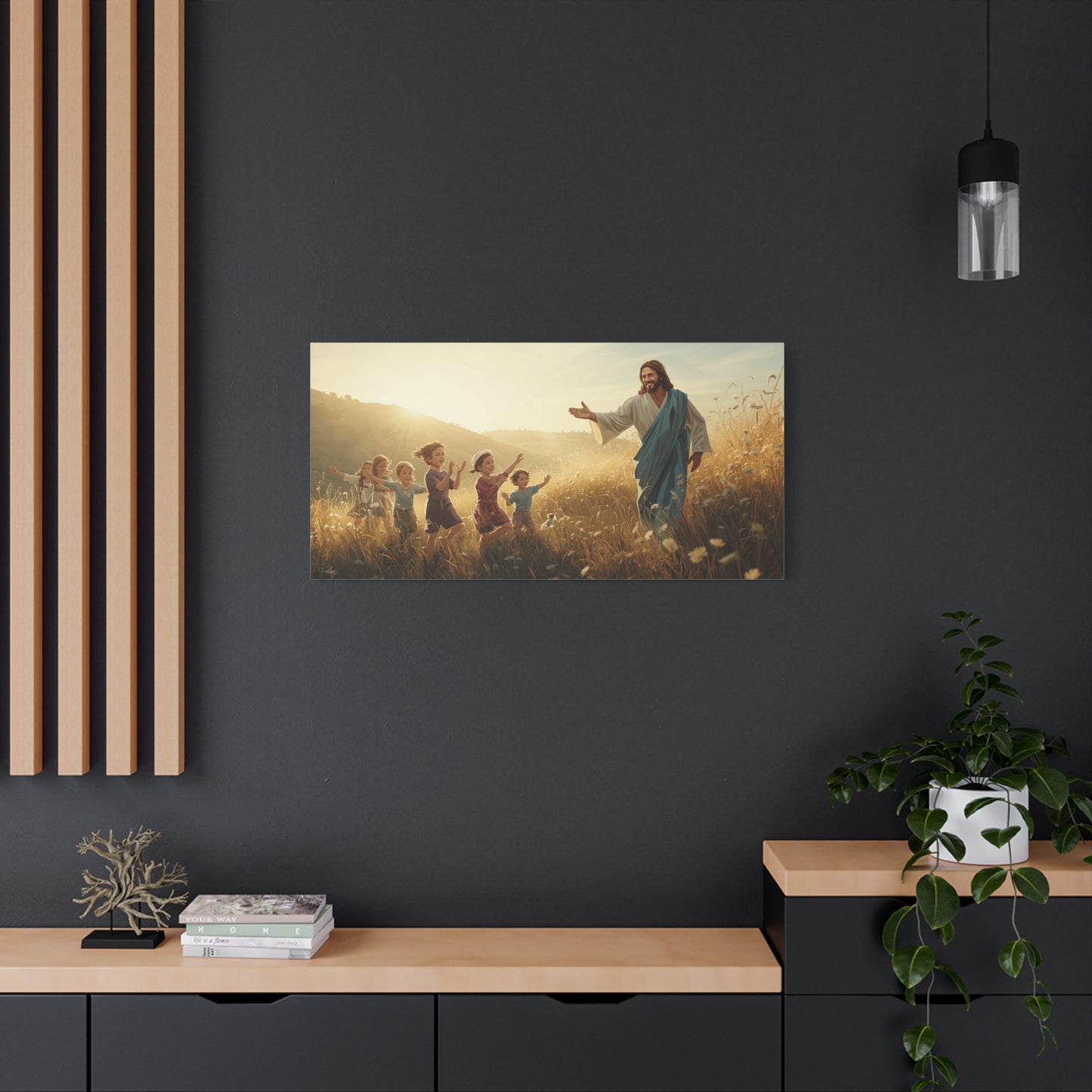 Jesus Christ With Children Canvas Wall Art - Golden Meadow Christian Print - Matte Cotton Ready to Hang - Traditional Religious Decor for Living Room, Bedroom, Nursery, Office - Living Room Wall Decor