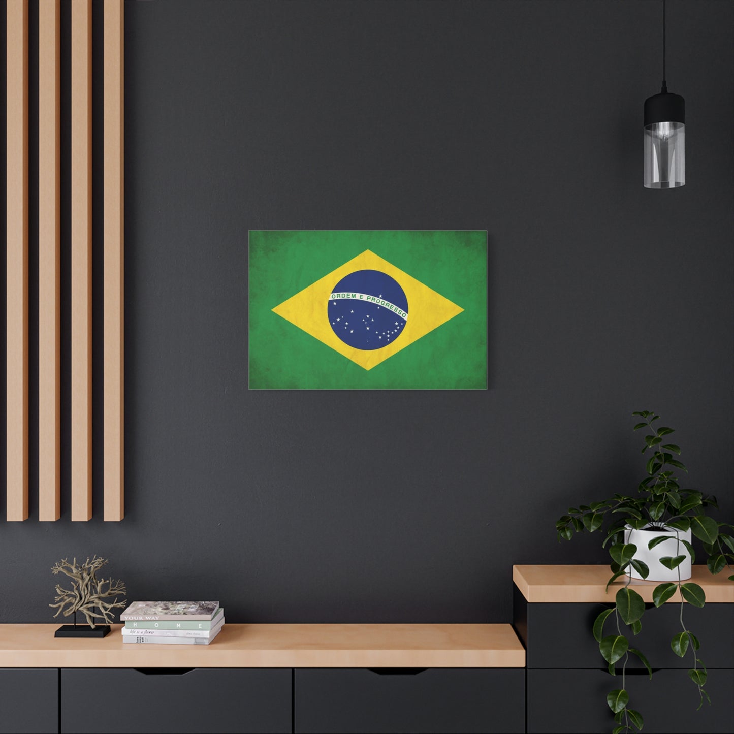 "Ordem E Progresso" Brazil Flag Canvas Wall Art - Brazilian Flag Wall Decor, Vintage National Pride Print - Green Yellow Blue Typography Style - Living Room Bedroom Office Decoration - Ready to Hang