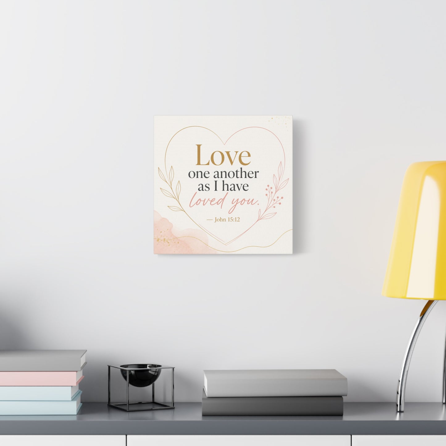 "Love One Another As I Have Loved You. John 15:12" Canvas Wall Art - Christian Scripture Quote, Heart Line Floral Design - Blush Gold Typography - Bedroom Living Room Decor - Living Room Wall Decor