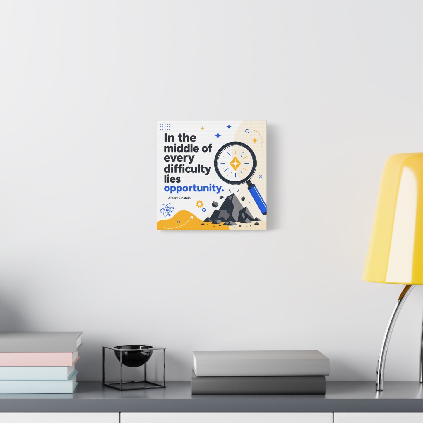 "In The Middle Of Every Difficulty Lies Opportunity." Einstein Canvas Wall Art - Motivational Quote Print, Blue Yellow Modern Typography, Office Decor, Classroom Inspiration, Study Room Accent