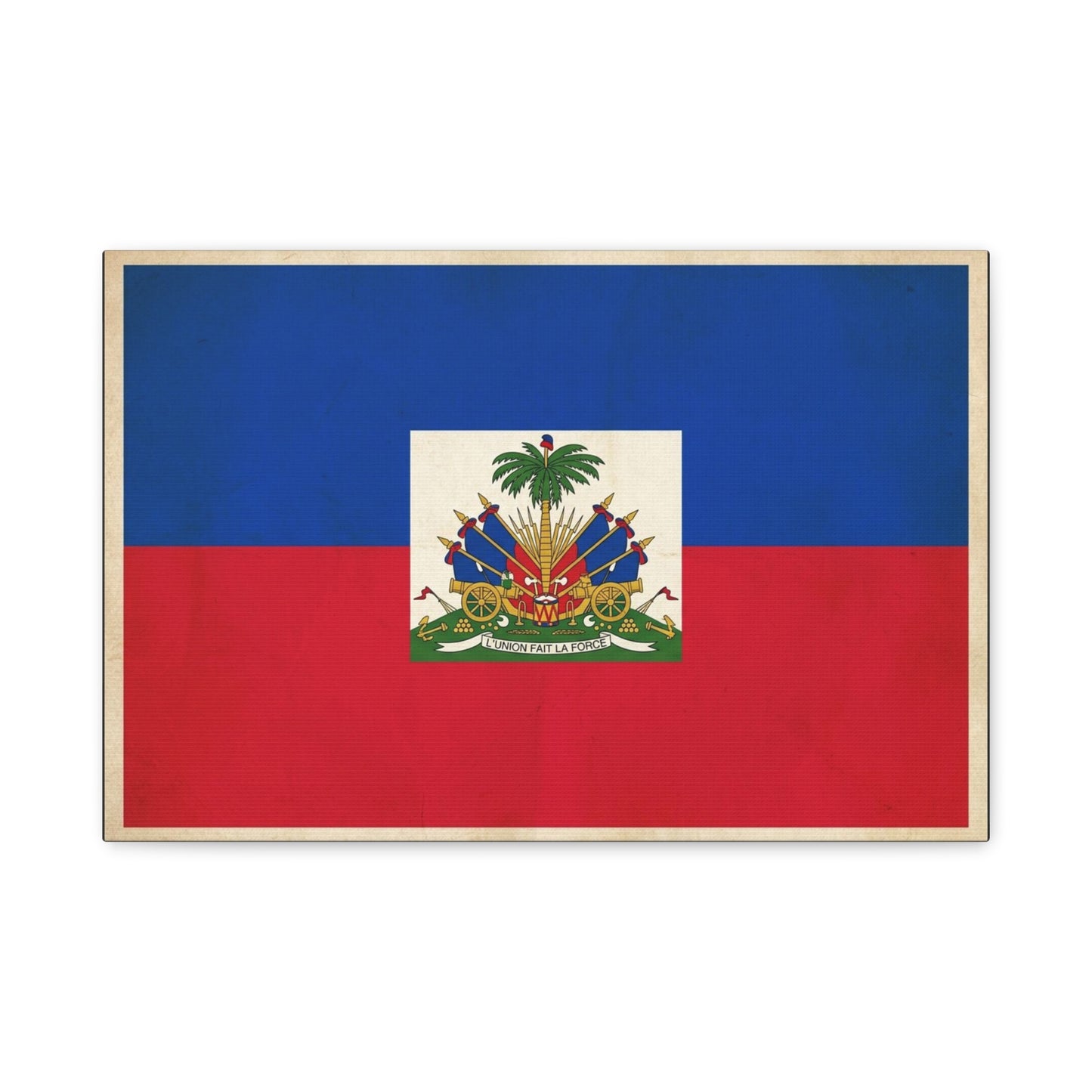 Haiti Flag Canvas Wall Art - Haitian Flag Print With Coat Of Arms, Patriotic Blue Red Banner - Framed Look Matte Canvas - Living Room Wall Decor, Bedroom Home Decoration - Bedroom Home Decoration