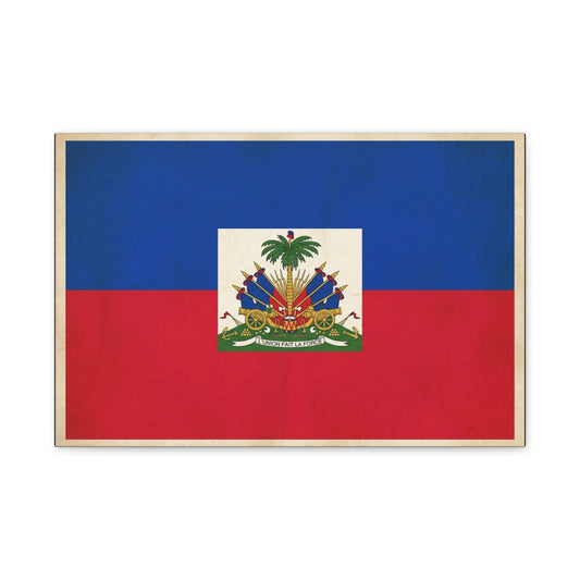 Haiti Flag Canvas Wall Art - Haitian Flag Print With Coat Of Arms, Patriotic Blue Red Banner - Framed Look Matte Canvas - Living Room Wall Decor, Bedroom Home Decoration - Bedroom Home Decoration
