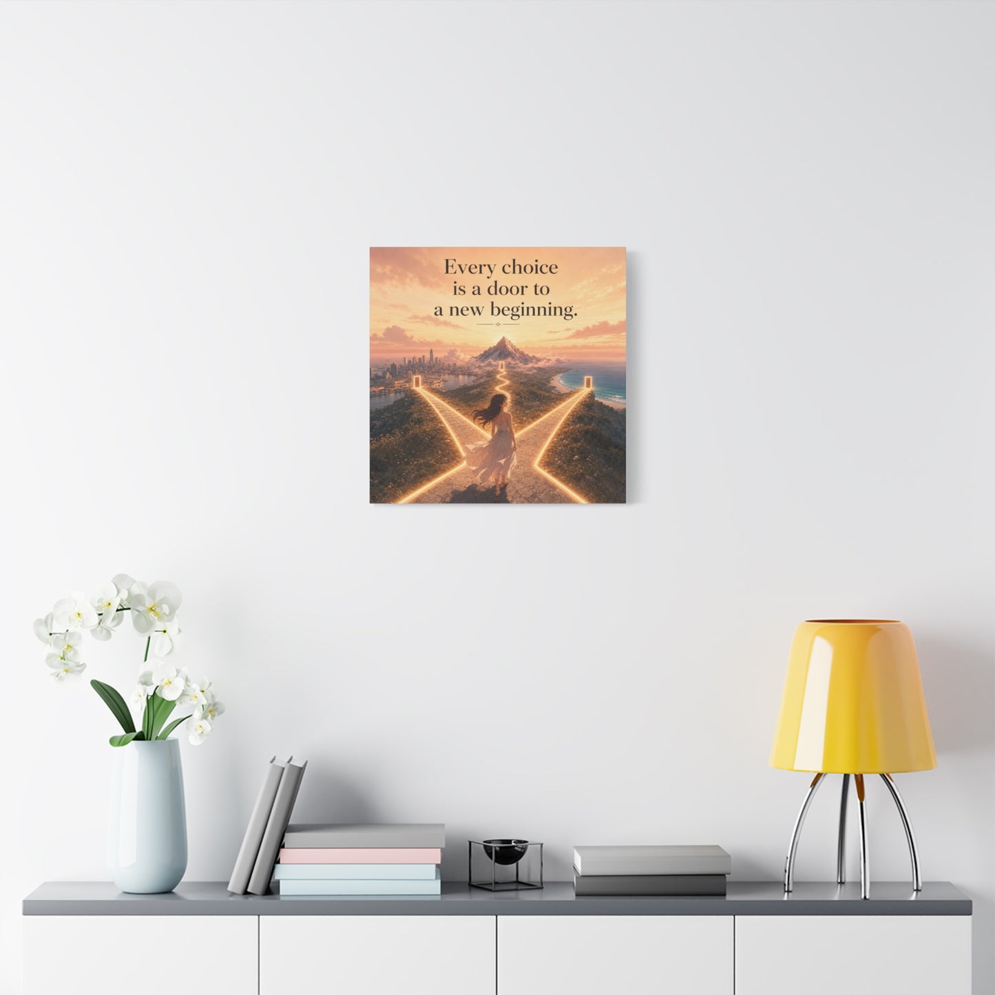 "Every Choice Is A Door To A New Beginning." Inspirational Canvas Wall Art - Woman At Glowing Crossroads Path, Mountain And Coast Dreamscape - Modern Typography Decor For Bedroom Office