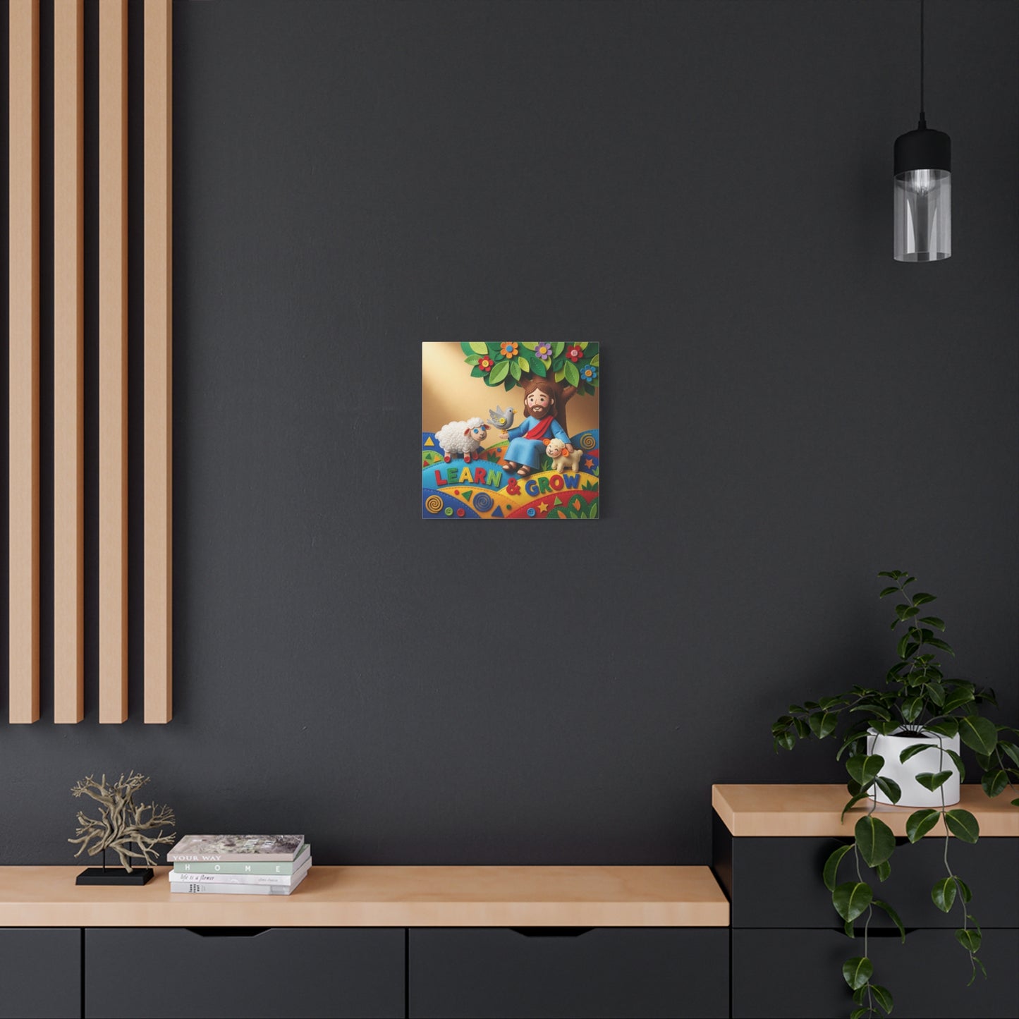 "Learn & Grow" Jesus Canvas Wall Art - Christian Nursery Decor, Lamb And Dove Under Tree - Colorful Felt Style Canvas Print - Kids Room Wall Hanging, Classroom Decoration - Ready to Hang