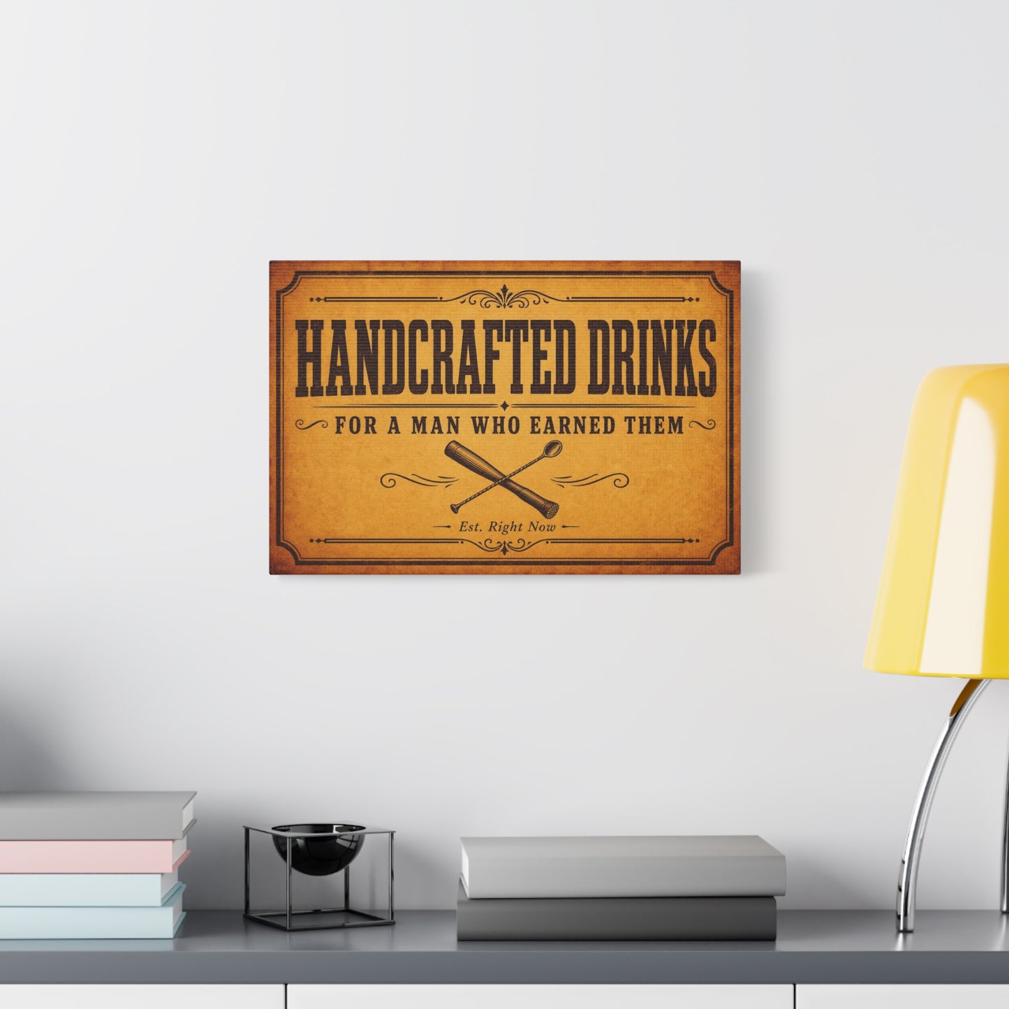 "Handcrafted Drinks For A Man Who Earned Them" Canvas Wall Art - Vintage Bar Sign, Rustic Typography Decor, Whiskey Lounge Wall Hanging - Ready to Hang - Ready to Hang - Cocktail Lounge Decor