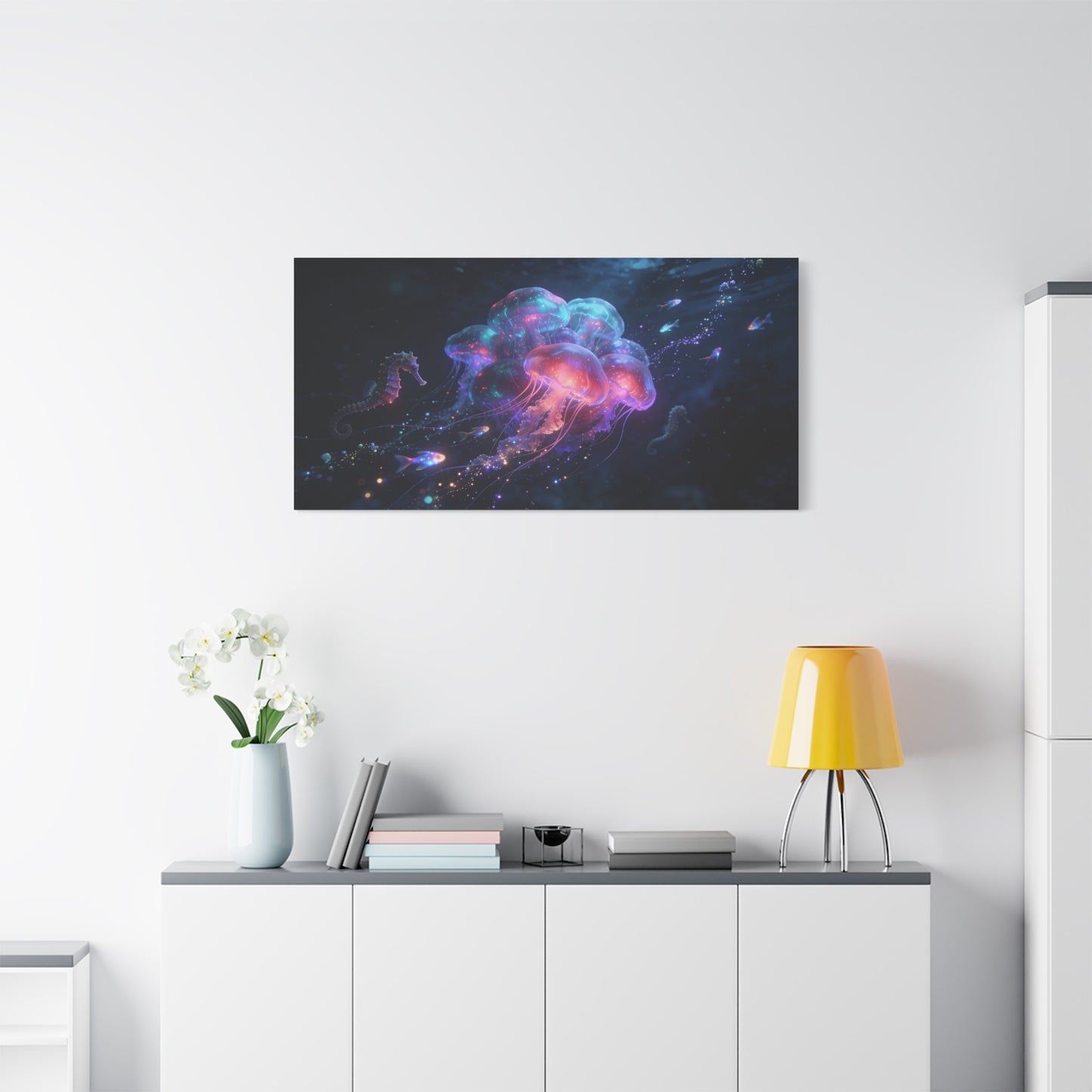 Glowing Jellyfish Canvas Wall Art - Luminous Underwater Sea Life, capiz shells wall decor - Dreamy Ocean Fantasy Cotton Canvas Print - Contemporary Bedroom Living Room Decor - Bedroom Home Decoration