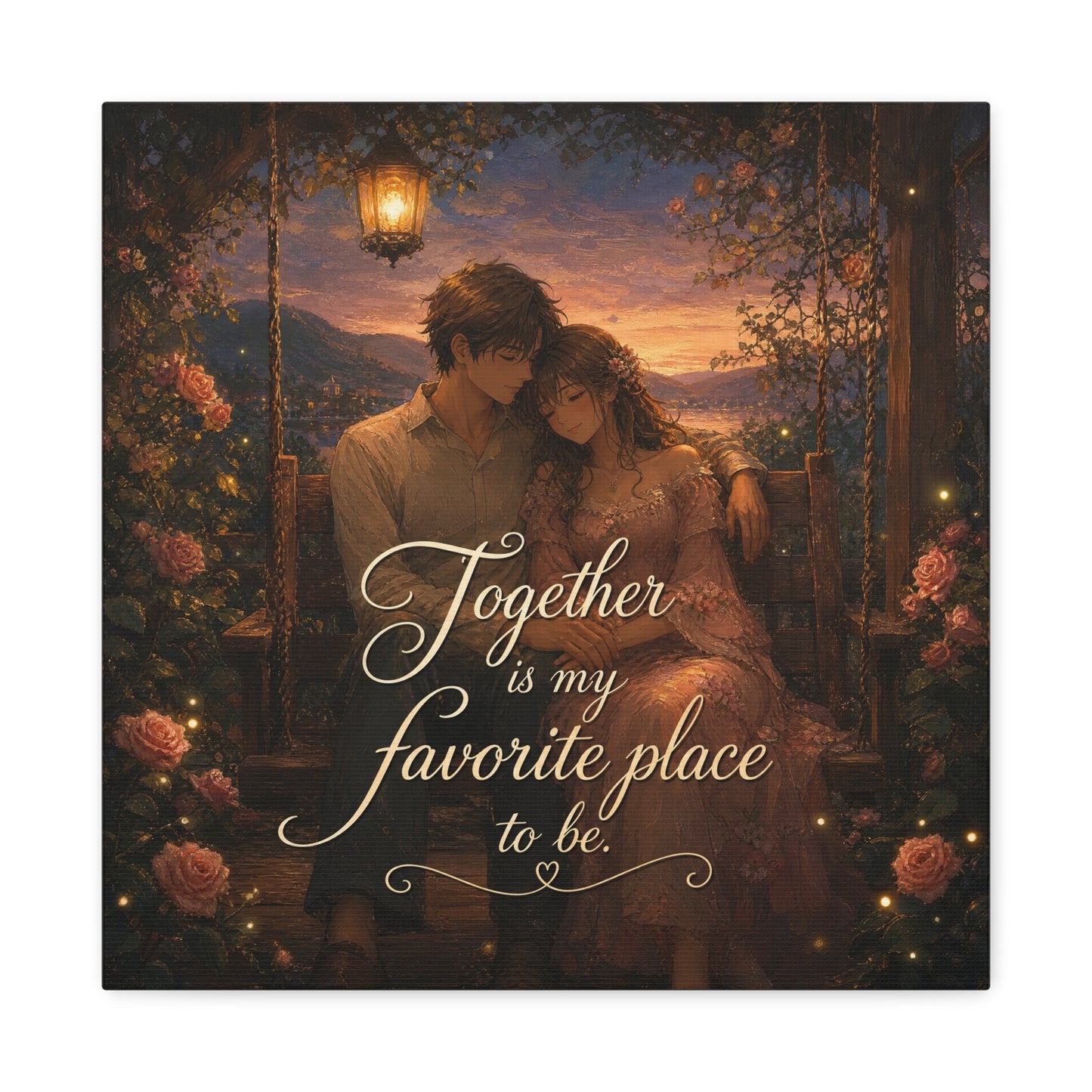 "Together Is My Favorite Place To Be" Romantic Couple Canvas Wall Art - Lantern Swing Sunset Lake Scene, Floral Garden Love Quote Print - Vintage Bedroom Decor - Office Wall Art - Ready to Hang