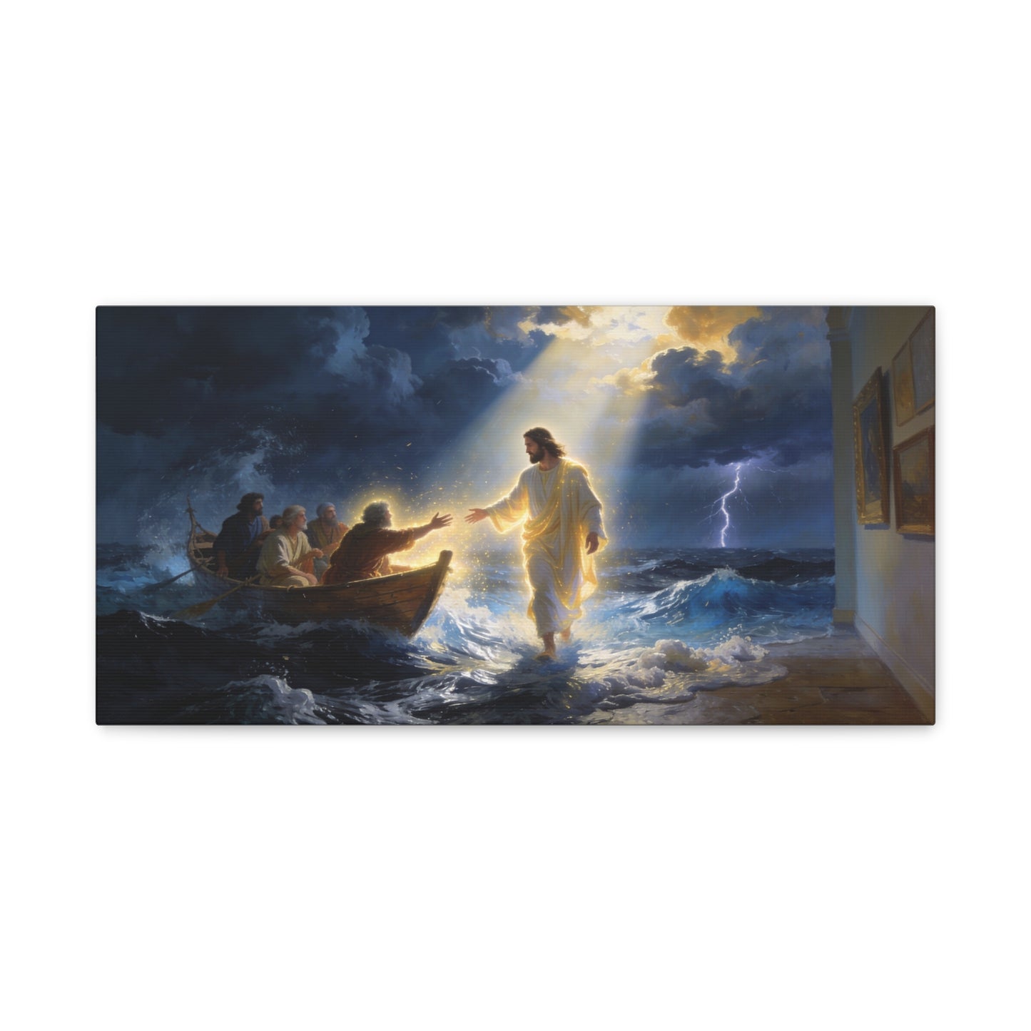 Jesus Christ Walking On Water Canvas Wall Art - Storm Sea Disciples Boat, Religious Christian Decor - Luminous Matte Canvas Print - Traditional Style, Living Room Wall Decor - Bedroom Home Decoration