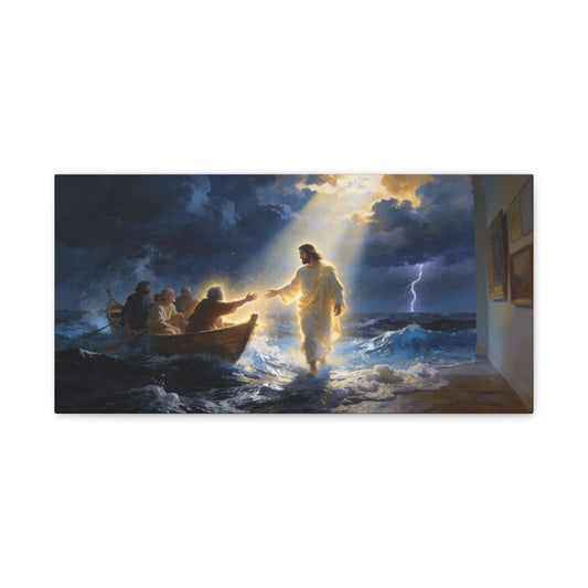 Jesus Christ Walking On Water Canvas Wall Art - Storm Sea Disciples Boat, Religious Christian Decor - Luminous Matte Canvas Print - Traditional Style, Living Room Wall Decor - Bedroom Home Decoration