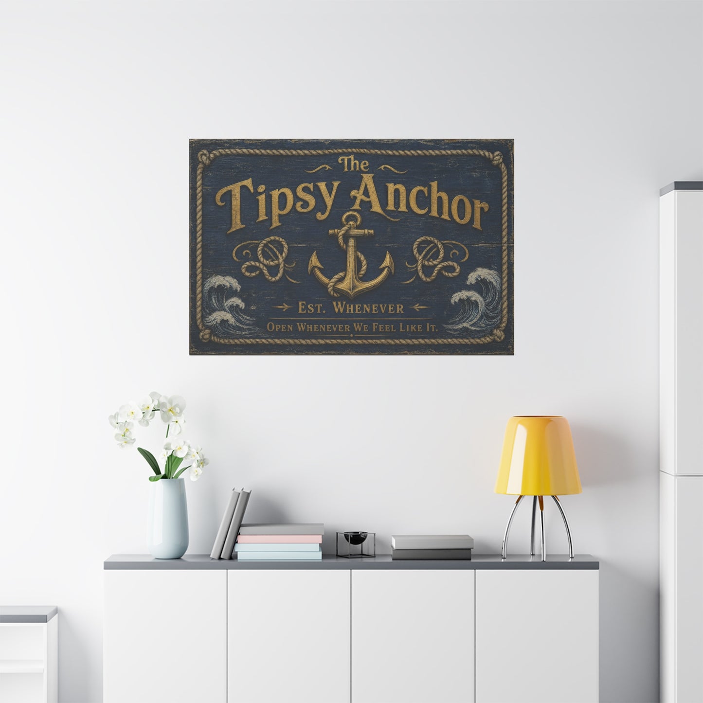 "The Tipsy Anchor" Canvas Wall Art - "Est. Whenever Open Whenever We Feel Like It." Nautical Anchor Sign, Vintage Coastal Wall Decor, Rustic Navy Gold Typography For Bar - Ready to Hang