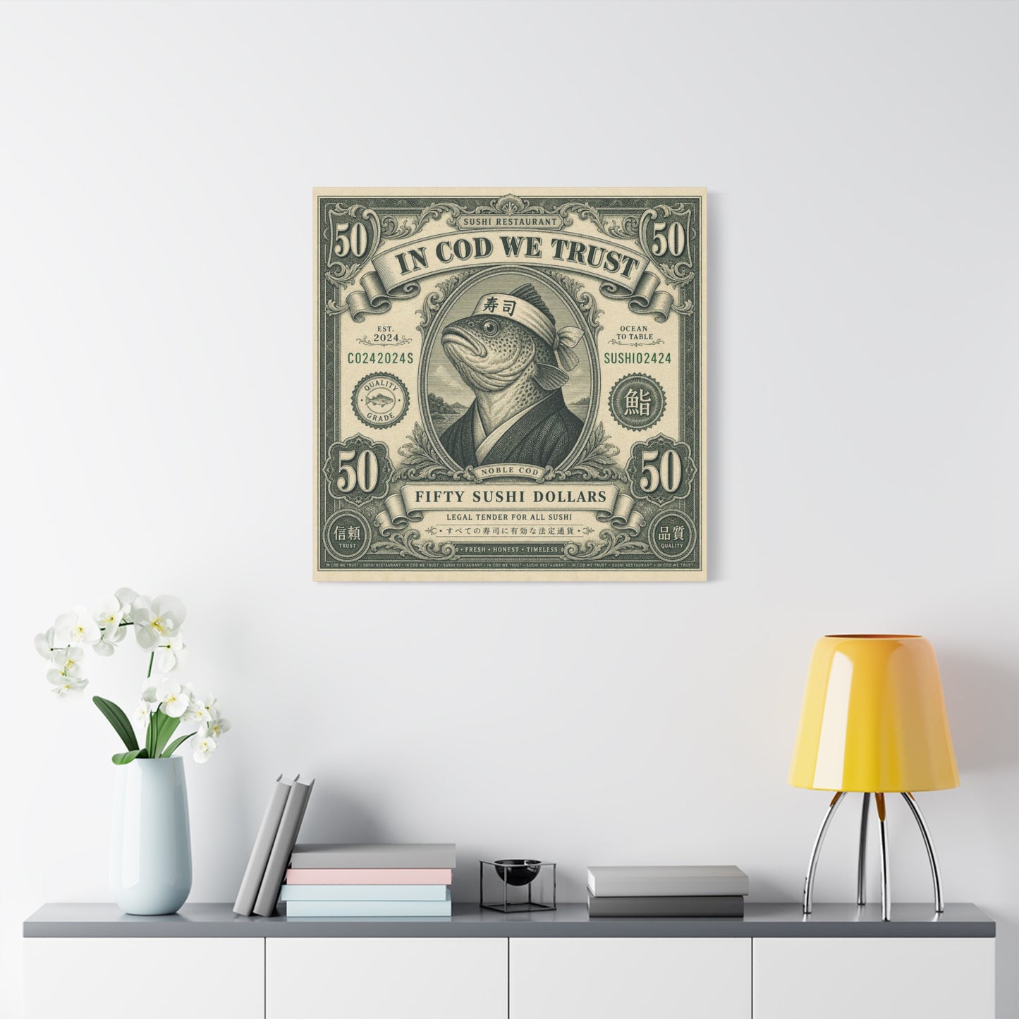 "In Cod We Trust" Sushi Restaurant Canvas Wall Art - Vintage Money Bill Fish Illustration, Typography Poster Style, Cotton Canvas Print, Cafe Decor, Dining Room Accent, Office Art - Ready to Hang