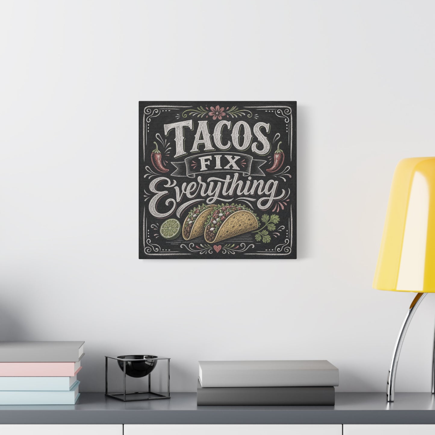 "Tacos Fix Everything" Canvas Wall Art - Chalkboard Taco Kitchen Print, Rustic Typography Decor - Matte Cotton Art Print - Farmhouse Dining Room Accent, Cafe Interior Style - Living Room Wall Decor