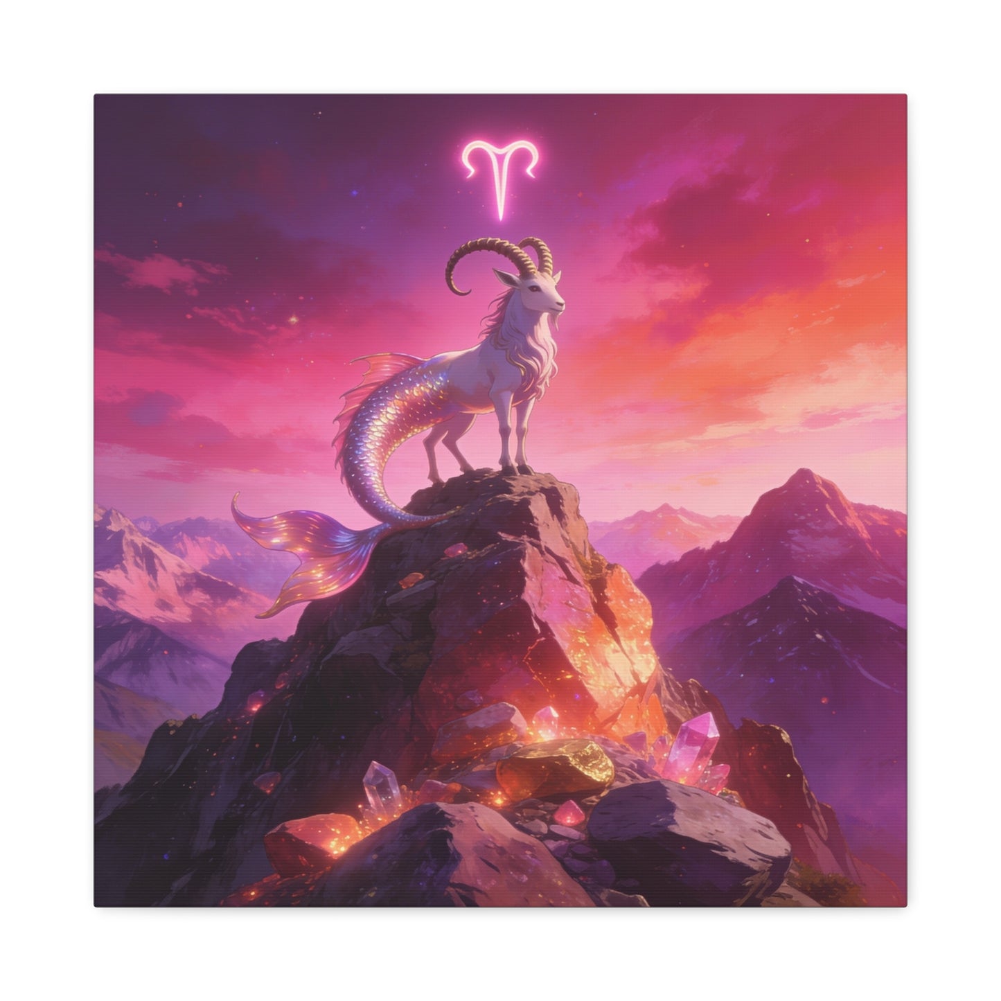 Aries Zodiac Mermaid Goat Canvas Wall Art - Fantasy Mountain Crystal Scene - Pink Purple Celestial Illustration - Modern Mystical Decor, Bedroom Home Decoration, Office Wall Art - Ready to Hang