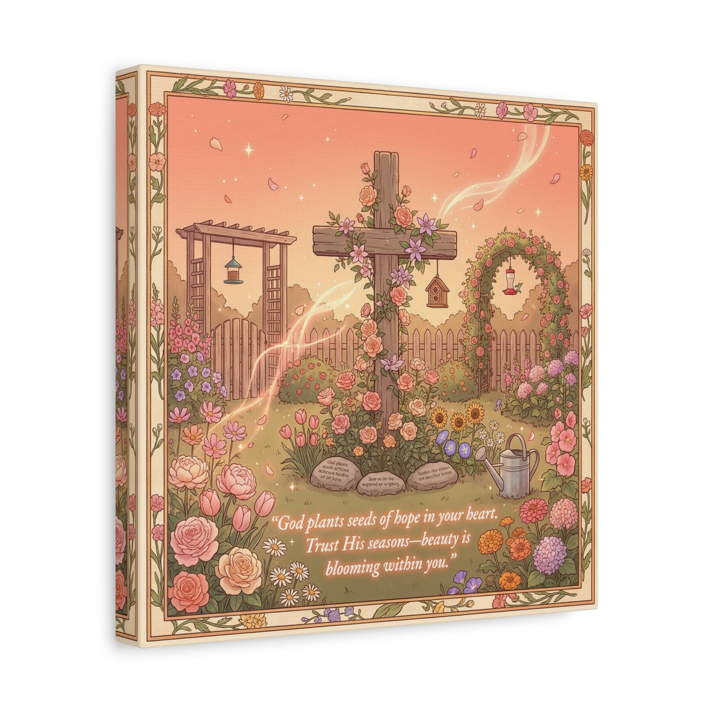 "God Plants Seeds Of Hope In Your Heart" Christian Canvas Wall Art - Floral Cross Garden Scripture Print, Matte Cotton Decor - Inspirational Bedroom Home Decoration, Living Room Accent - Ready to Hang
