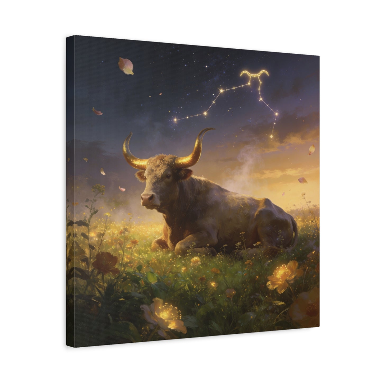 Taurus Zodiac Bull Canvas Wall Art - Celestial Constellation Night Meadow, Golden Horns, Dreamy Illustration - Matte Cotton Print - Bedroom Home Decoration, Office Wall Decor - Bedroom Home Decoration