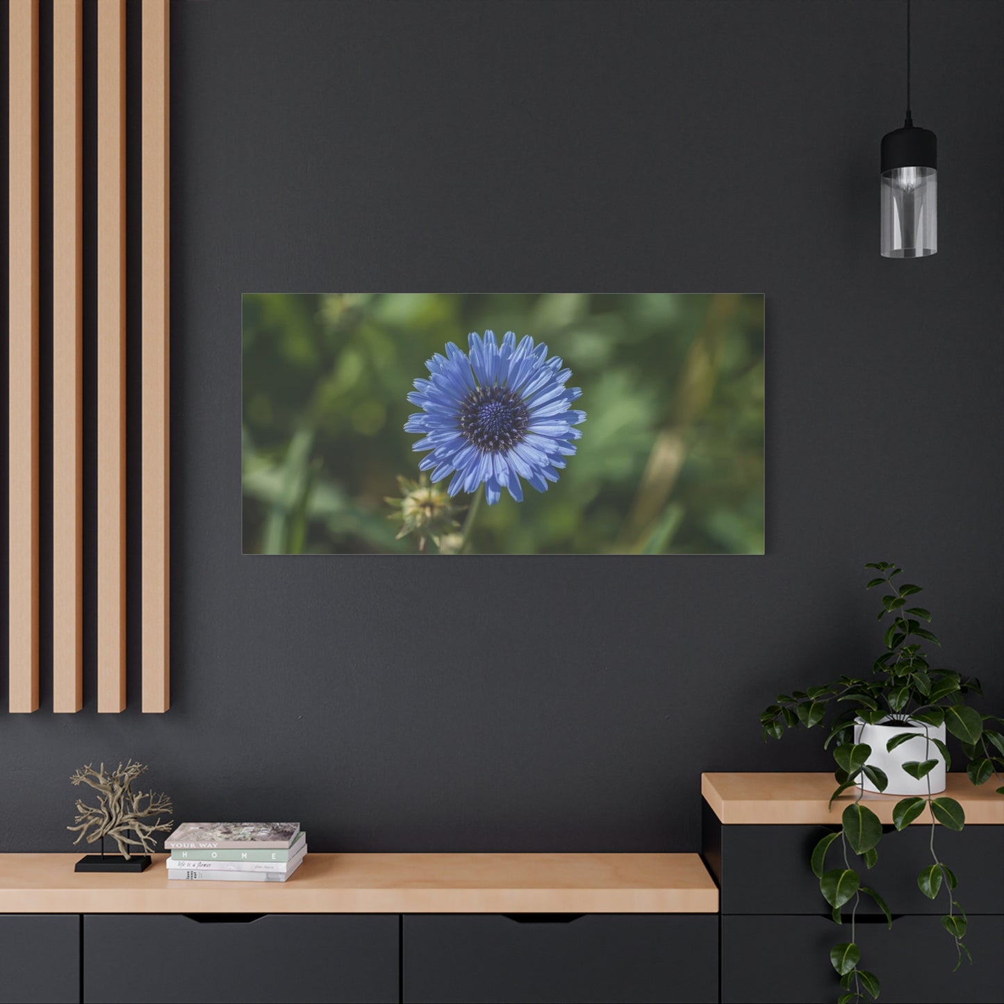 Blue Cornflower Canvas Wall Art - Botanical Flower Art Print, Green Bokeh Background - Matte Cotton Canvas - Contemporary Floral Style - Bedroom Wall Decor, Spa Accent - Modern Farmhouse Style