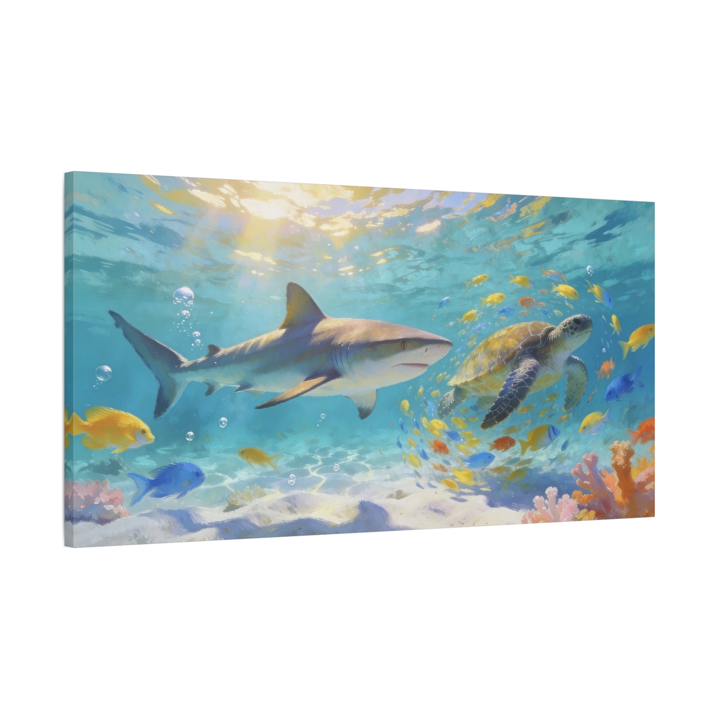 Shark Sea Turtle Canvas Wall Art - Tropical Underwater Ocean Scene, Colorful Fish Coral Reef - Matte Coastal Style - Living Room Wall Decor, Bedroom Home Decoration - Bedroom Home Decoration