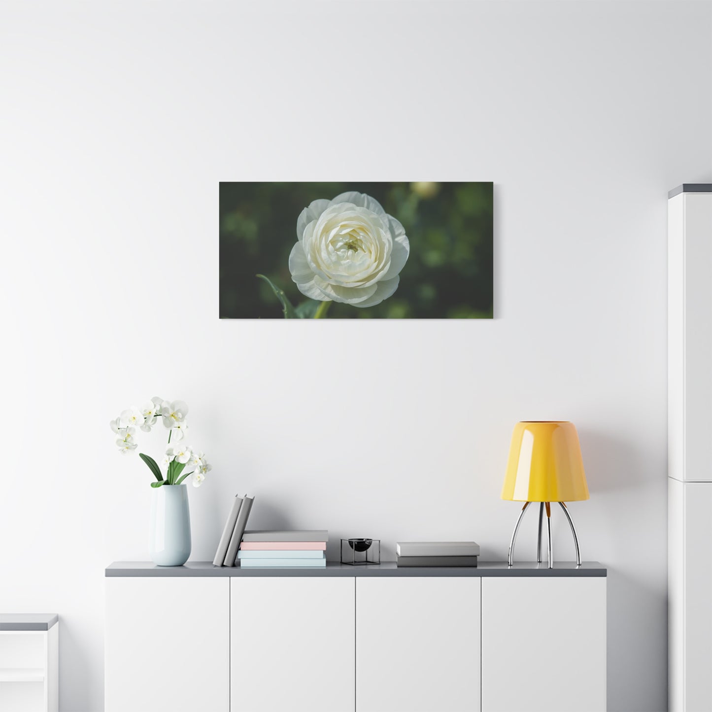 White Ranunculus Flower Canvas Wall Art - Botanical Floral Art Print - Soft Green Background, Matte Cotton Decor - Bedroom Wall Hanging, Bathroom Accent, Spa Style - Bedroom Home Decoration