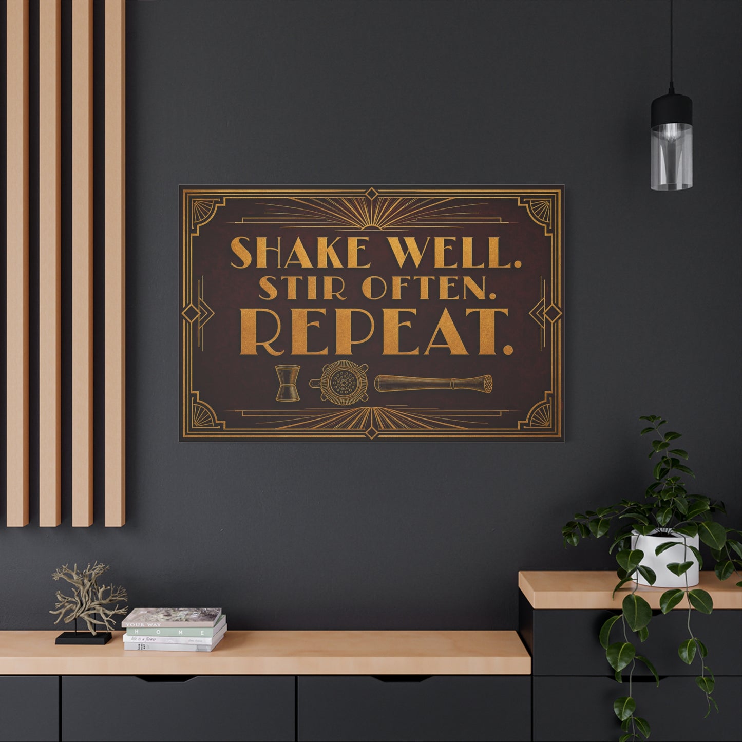 "Shake Well. Stir Often. Repeat." Cocktail Canvas Wall Art - Art Deco Bar Quote Print, Vintage Gold Typography, Speakeasy Lounge Decor, Home Bar Decoration - Ready to Hang - Tavern Wall Decor