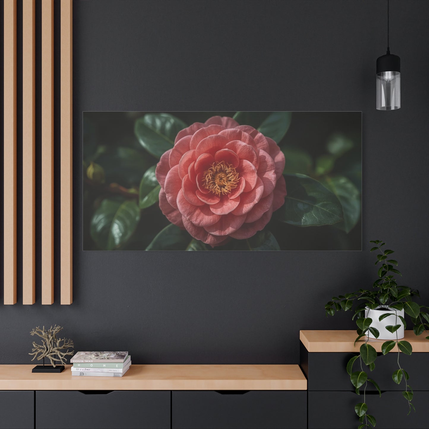Pink Camellia Flower Canvas Wall Art - Botanical Floral Art Print, Dark Green Leaves, Matte Finish Decor - Traditional Style, Bedroom Wall Decor, Living Room Accent - Bedroom Home Decoration