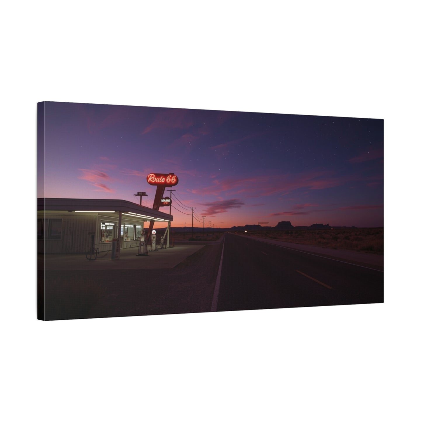 "Route 66" Desert Gas Station Canvas Wall Art - Twilight Roadside Art Print - Purple Pink Sunset Sky, Retro Americana Style - Living Room Wall Decor, Office Art - Bedroom Home Decoration