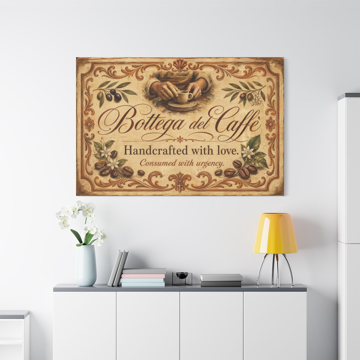 "Bottega del Caffe" Canvas Wall Art - Vintage Italian Coffee Quote Print, Olive Branches, Beans, Rustic Farmhouse Decor, Cafe Wall Hanging - Modern Farmhouse Style - Coffee Shop Decor - Ready to Hang