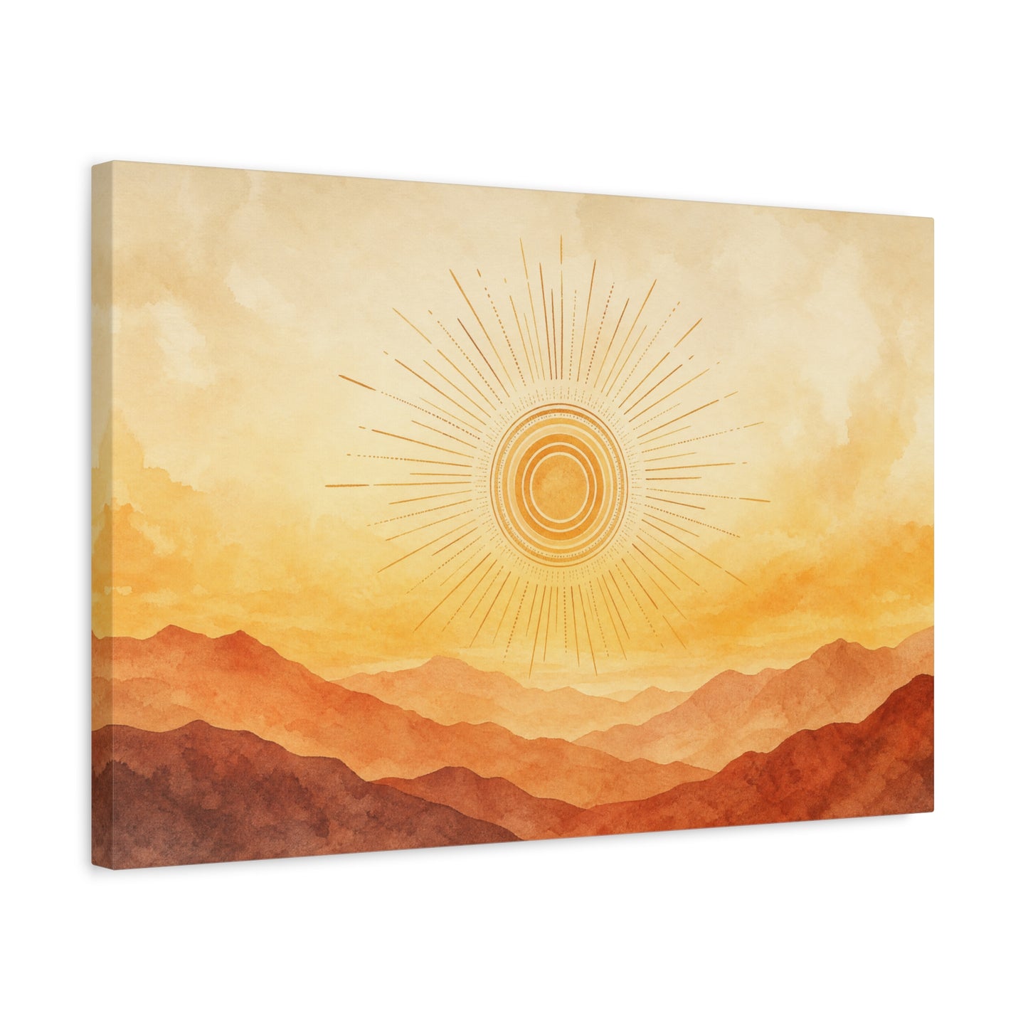 Sunburst Desert Mountain Canvas Wall Art - Golden Watercolor Landscape Print, Contemporary Southwest Style - Living Room Wall Decor, Bedroom Home Decoration, Meditation Space Accent - Ready to Hang