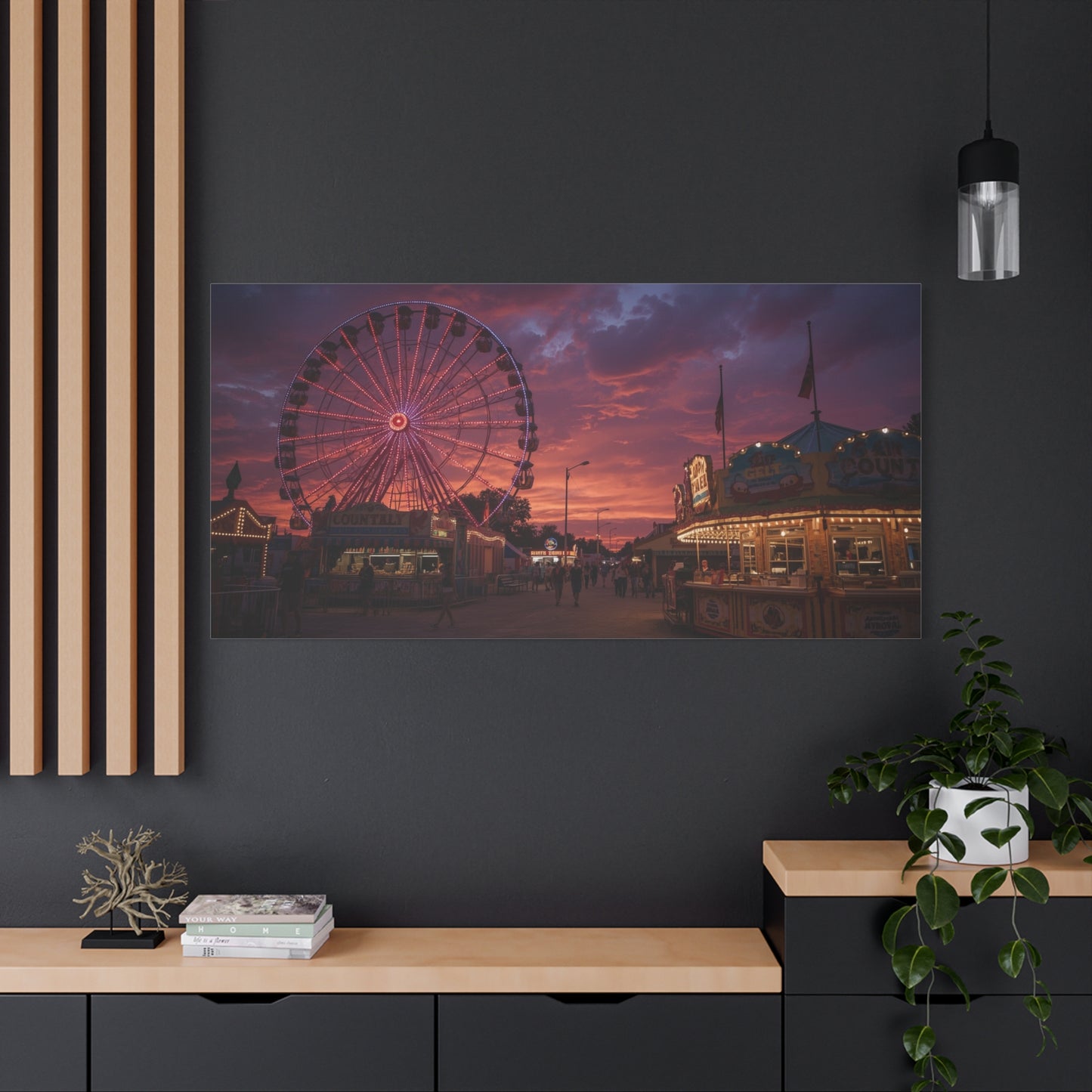 Ferris Wheel Sunset Canvas Wall Art - Carnival Boardwalk Art Print, Purple Pink Sky, Contemporary Nightscape - Living Room Wall Decor, Bedroom Home Decoration, Office Art - Ready to Hang