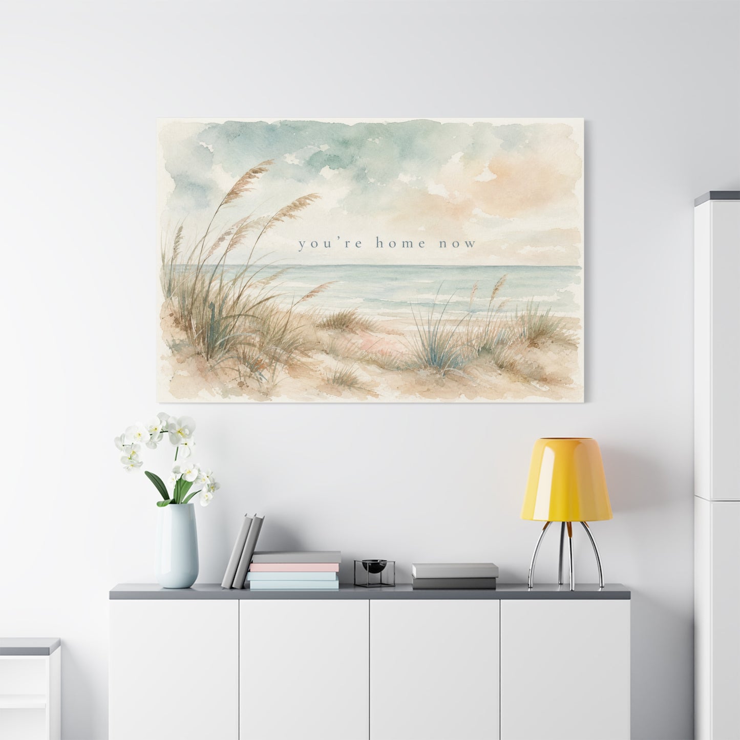 "You'Re Home Now" Coastal Canvas Wall Art - Beach Dune Watercolor Seascape - Soft Blue Beige Shore Scene - Traditional Coastal Style - Living Room Wall Decor, Bedroom Home Decoration - Ready to Hang