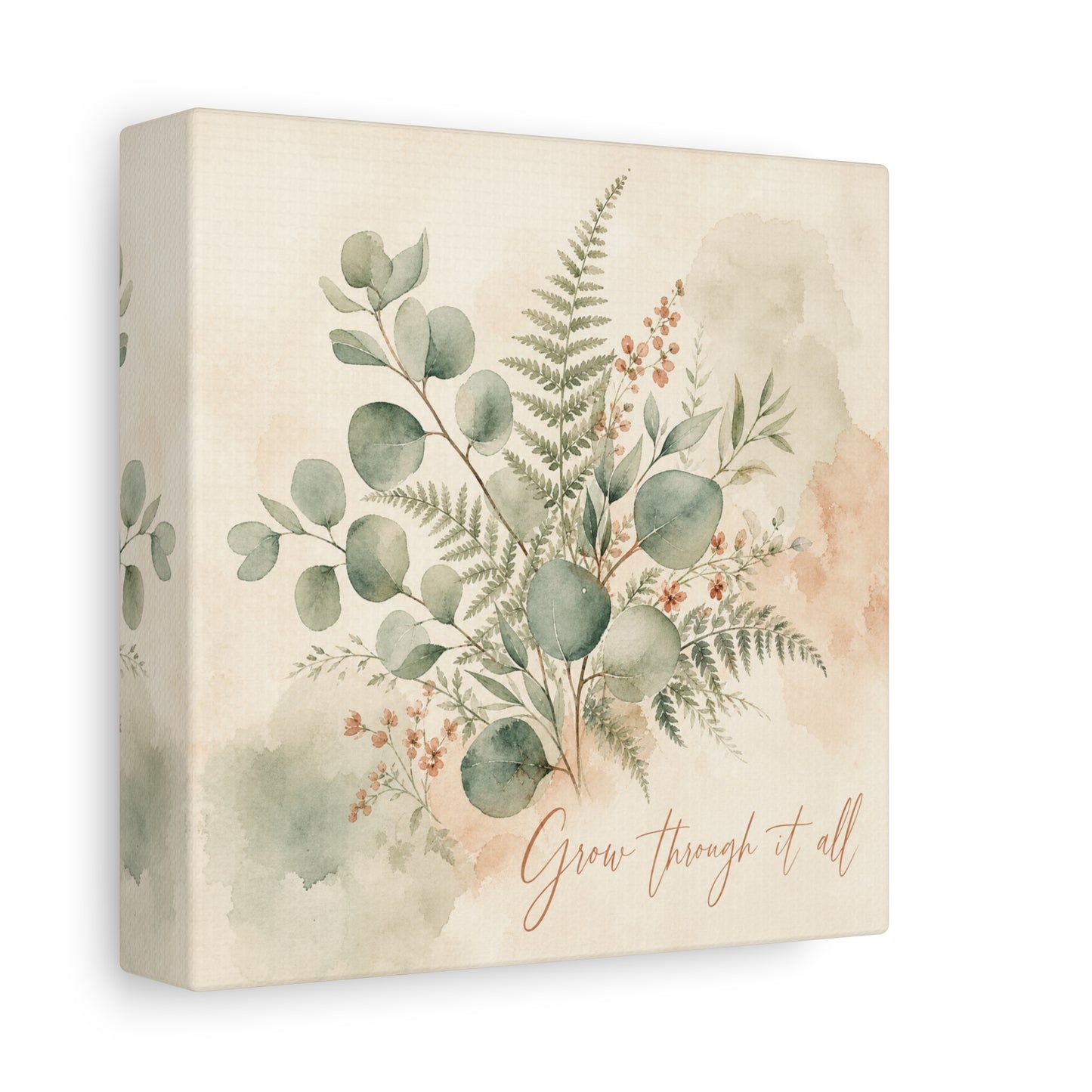 "Grow Through It All" Botanical Canvas Wall Art - Eucalyptus Fern Watercolor Quote Print, Sage Green Floral Home Decor - Modern Farmhouse Style, Bedroom Wall Hanging - Ready to Hang - Ready to Hang